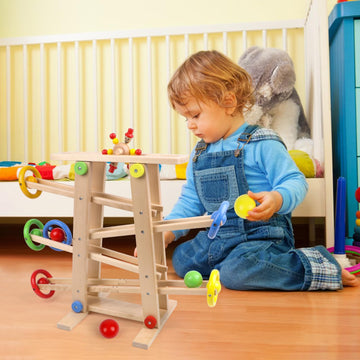 Wooden Wooden Race Track Toddler Toys for 1-3, Wood Car Ramp Racer Toy Vehicle Set with 4 Balls & 5 Race Tracks, Great Educational Montessori Toys