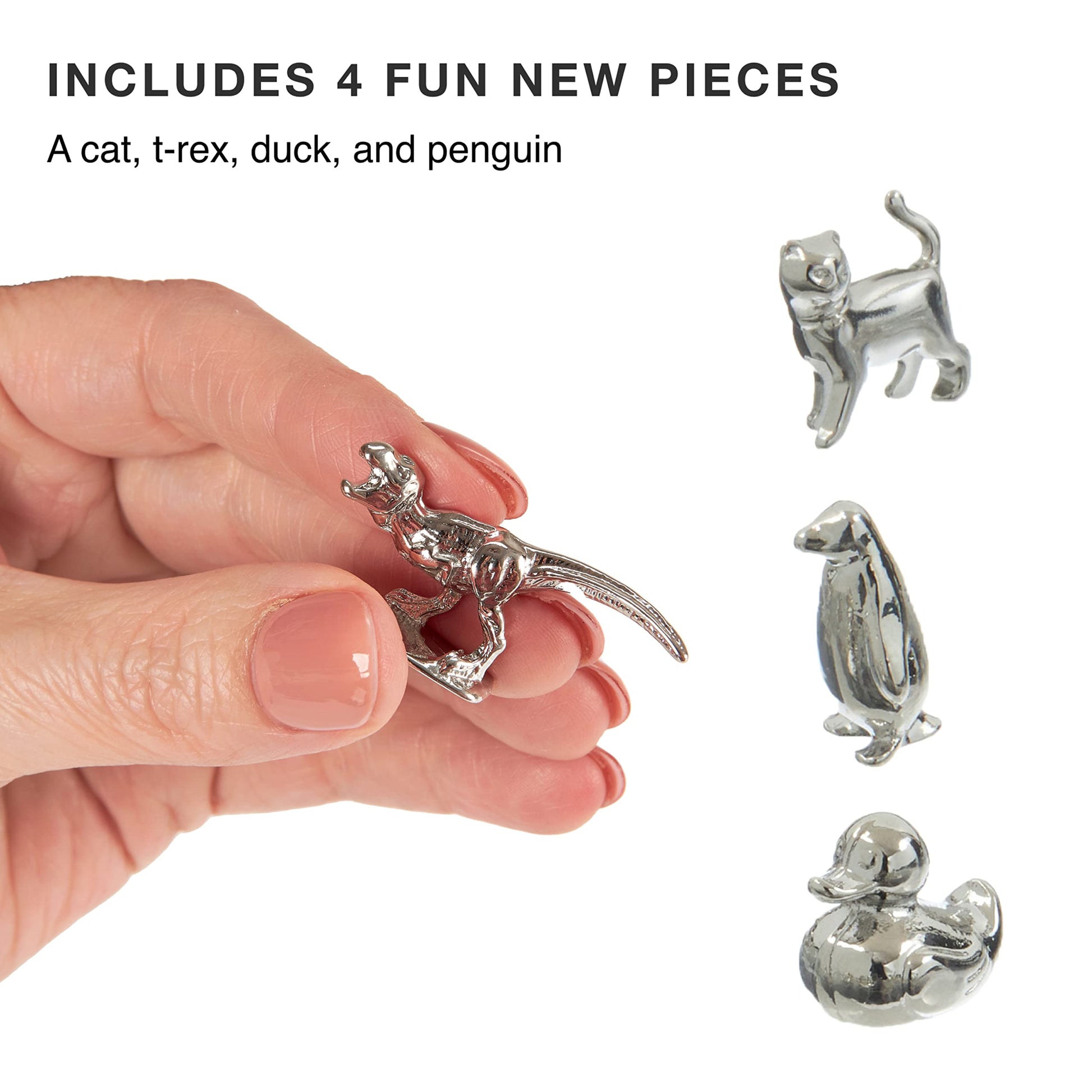 8-Pack Replacement Pawns Compatible with Monopoly - T-Rex, Terrier, Race Car, Top Hat, Battleship, Cat, Duck, Penguin - New Edition Metal Classic