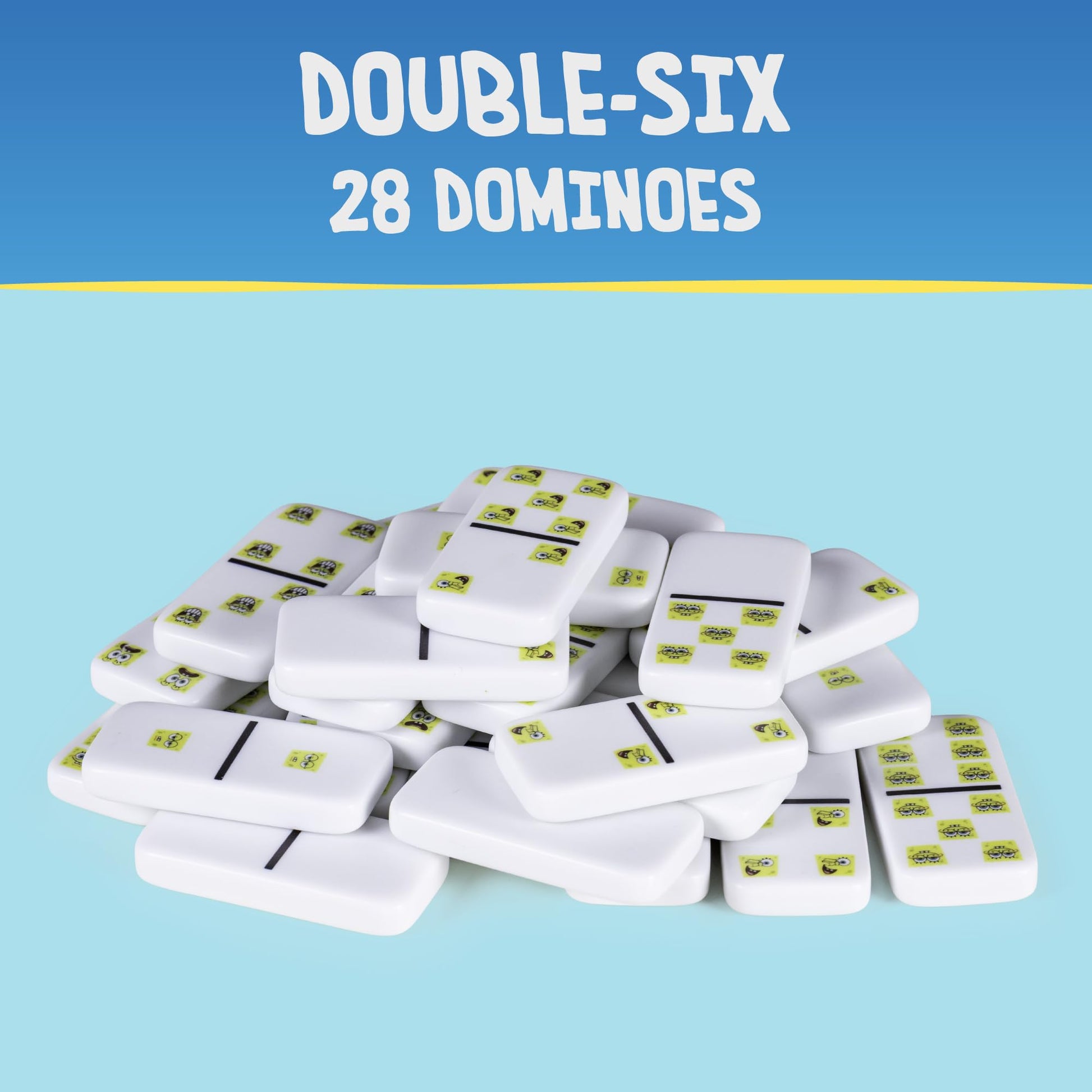 AQUARIUS Spongebob Squarepants Family Double 6 Dominoes Game, Domino Tile Stacking Game for Kids and Adults, Official Nickelodeon Board Game, 2-6