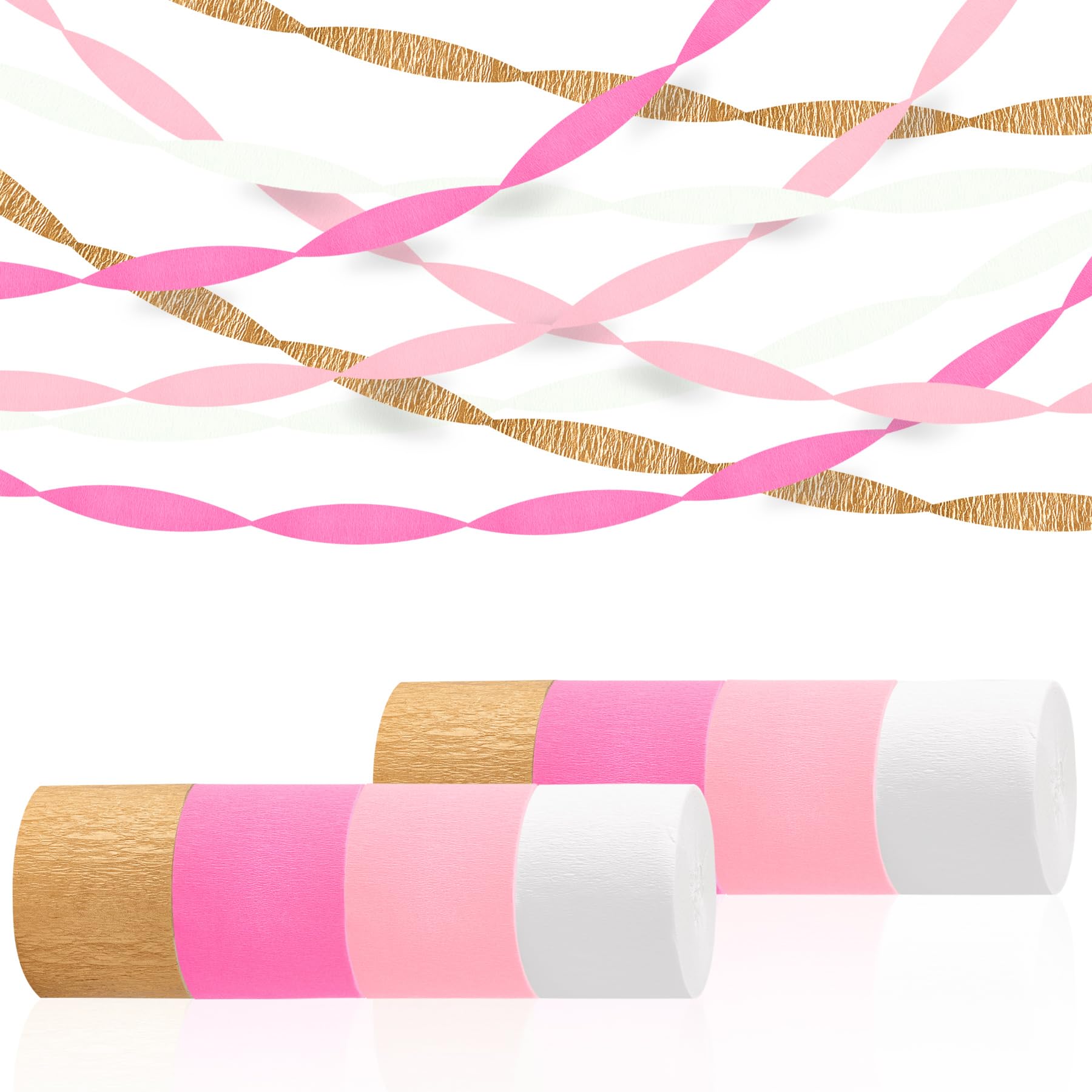 Pink Streamers Party Decorations, 8 Rolls 656ft Pink and Gold Crepe Paper Streamers for Wedding, Bridal Shower, Baby Shower, Birthday, Valentines Day