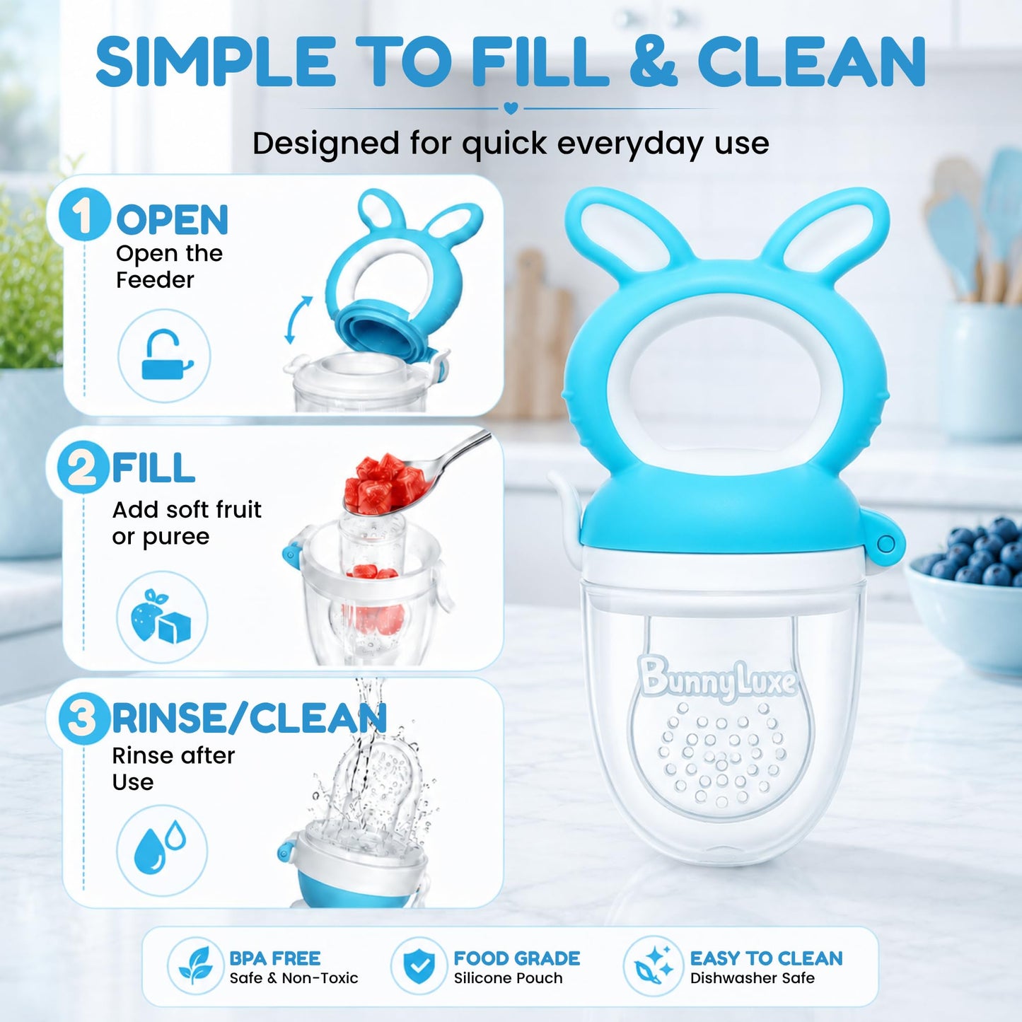 BunnyLuxe Silicone Baby Fruit Feeder for 4 to 10 Months Plus Baby Food Feeder Pacifier for Safe Self Feeding Teething Relief Fresh Food and Baby Led