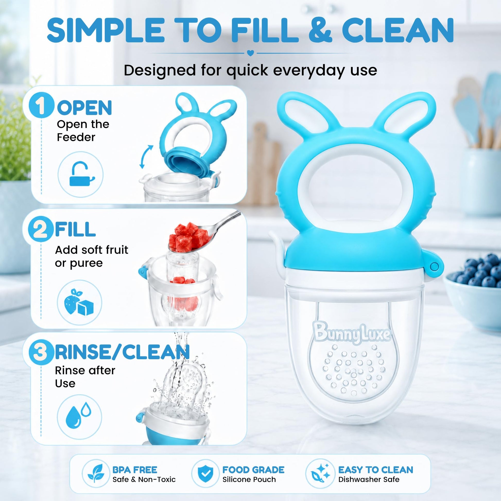 BunnyLuxe Silicone Baby Fruit Feeder for 4 to 10 Months Plus Baby Food Feeder Pacifier for Safe Self Feeding Teething Relief Fresh Food and Baby Led