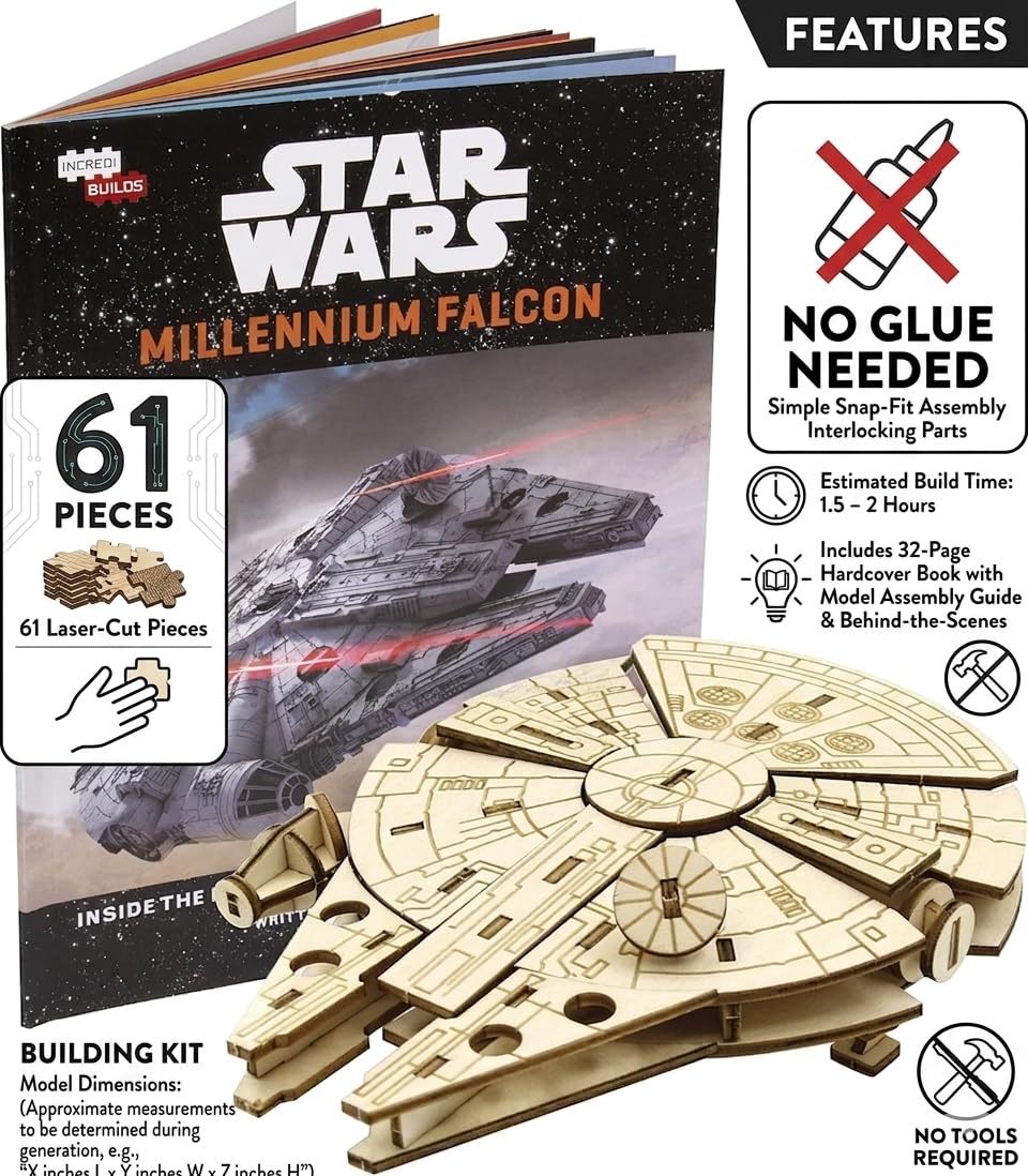 IncrediBuilds Star Wars Millennium Falcon 3D Wood Puzzle No Glue Needed (61 Pcs) Build & Paint 3-D Movie Model Figure Kit Replica Toy - Officially