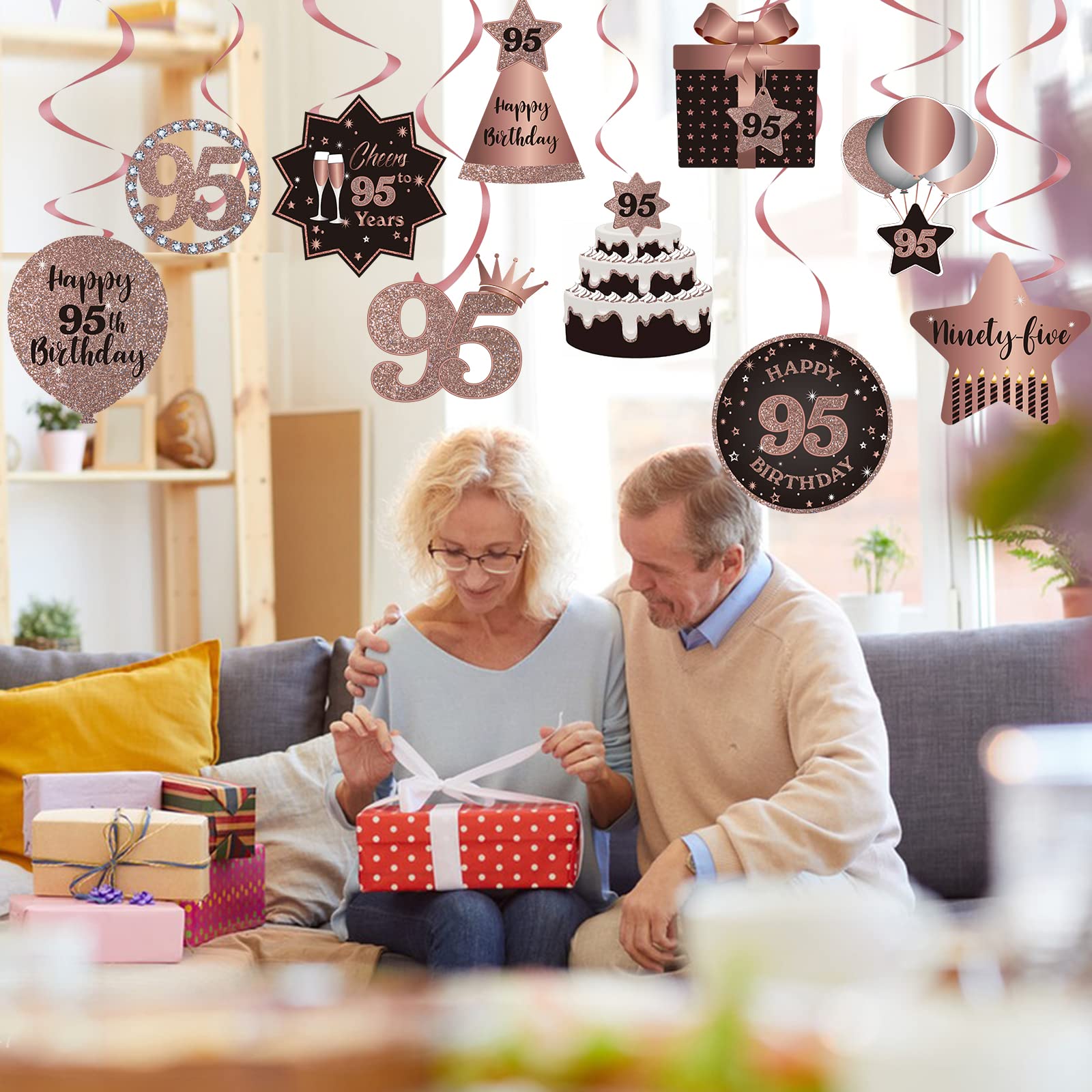 Happy 95th Birthday Party Hanging Swirls Streams Ceiling Decorations, Celebration 95 Foil Hanging Swirls with Cutouts for 95 Years Old Rose Gold