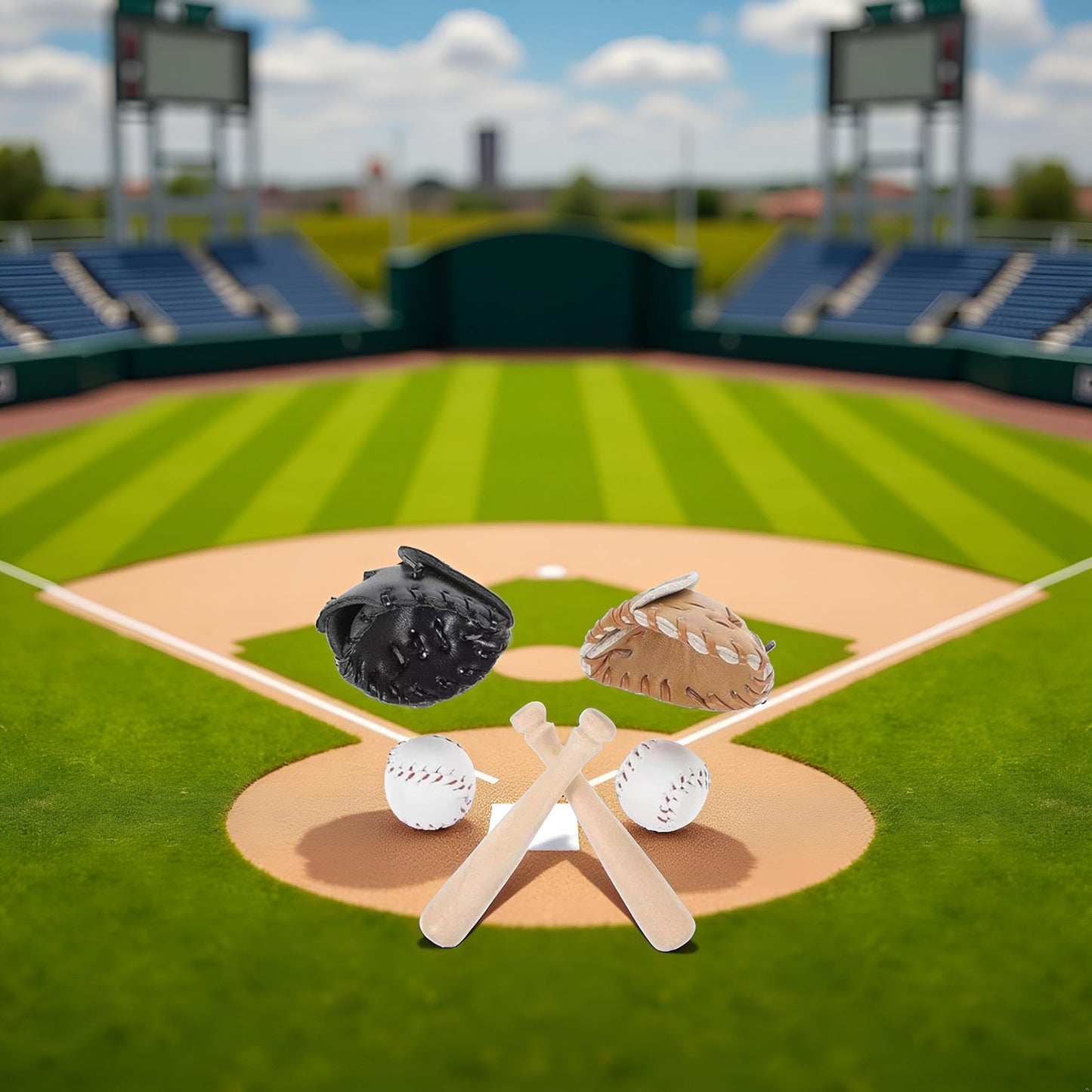 1/12 Scale Miniature Baseball Set (Bat, Glove and Ball),Black Cake Toppers and Dollhouse Accessories,Mini Sports Decor for Desktop Display, DIY Crafts