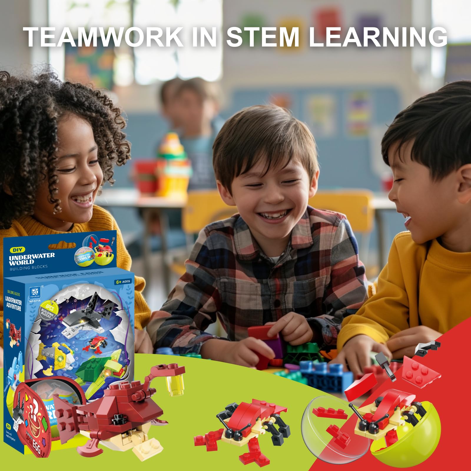 ZeniMakers Easter Building Blocks for Kids, 6 Pack Sea Animal Surprise Eggs for Classroom Prizes, STEM Ocean Toy Goodie Bag Fillers for Boys Girls