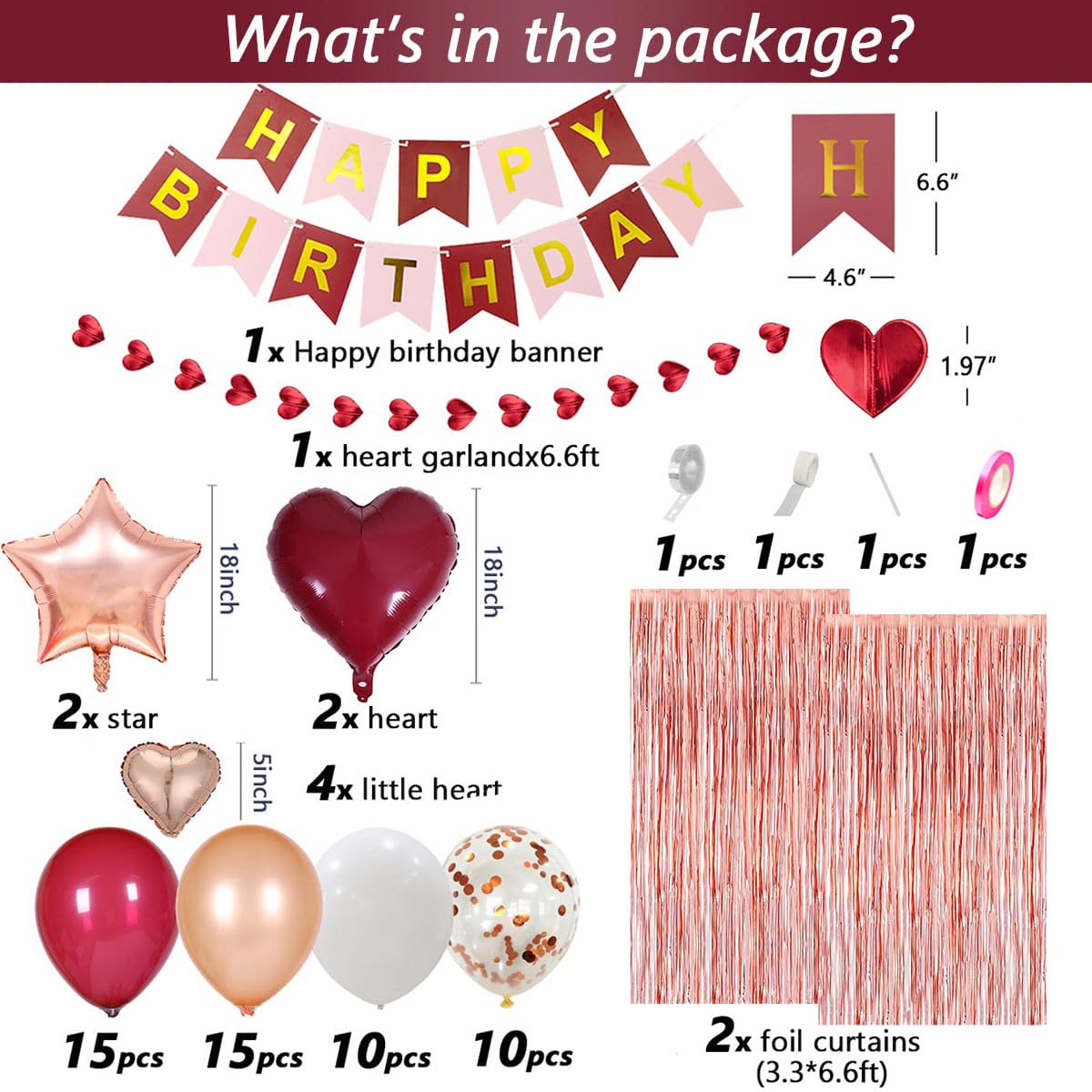 MSMANCY Burgundy Birthday Decorations for Women with Happy Bithday Banner, Curtains, Burgundy Heart Balloons for 16th 18th 21st 30th 40th 50th 60th