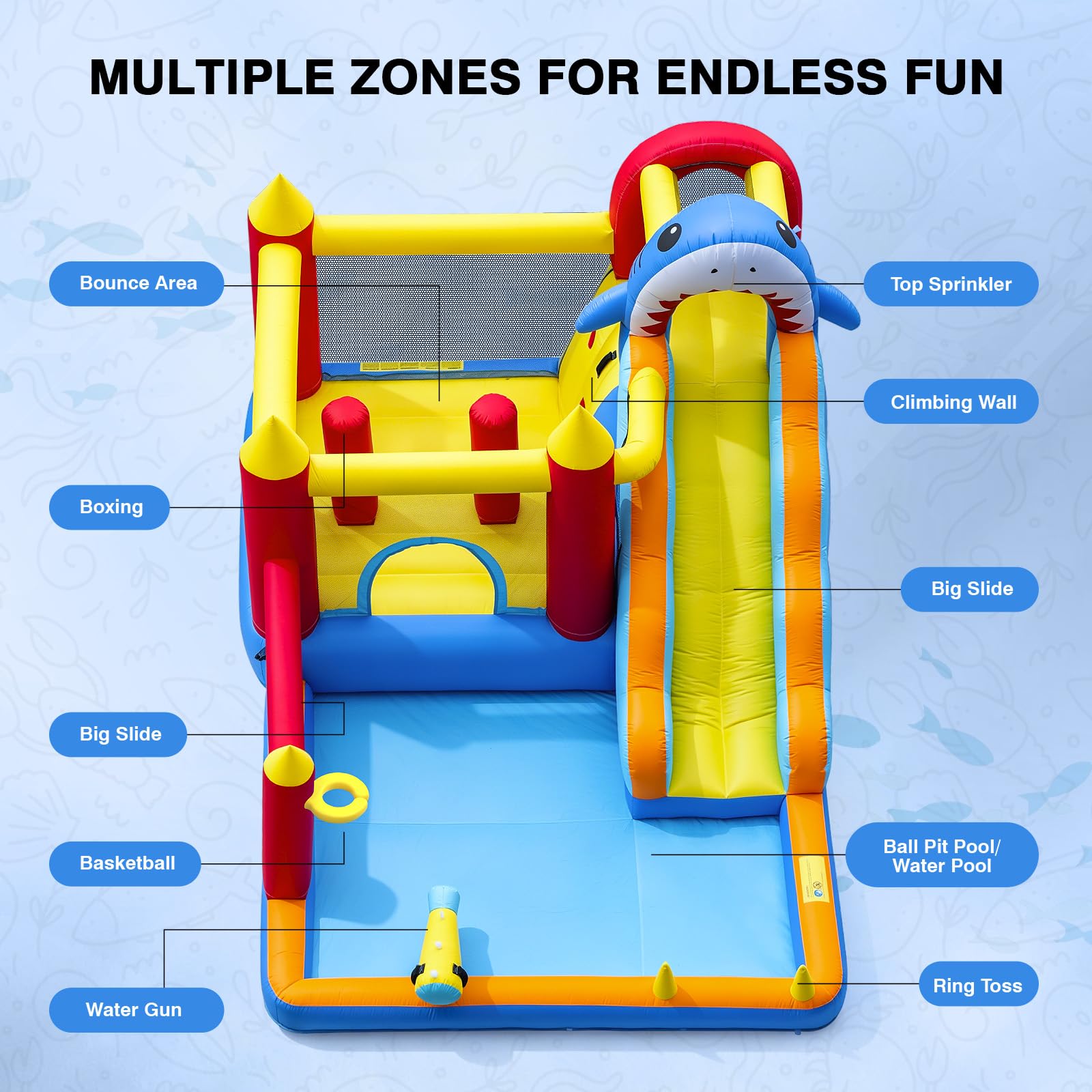 Inflatable Bounce House with Water Slide for Kids, 10 in 1 Bounce House with Air Blower, Inflatable Water Park for Backyard with Slide, Climbing Wall