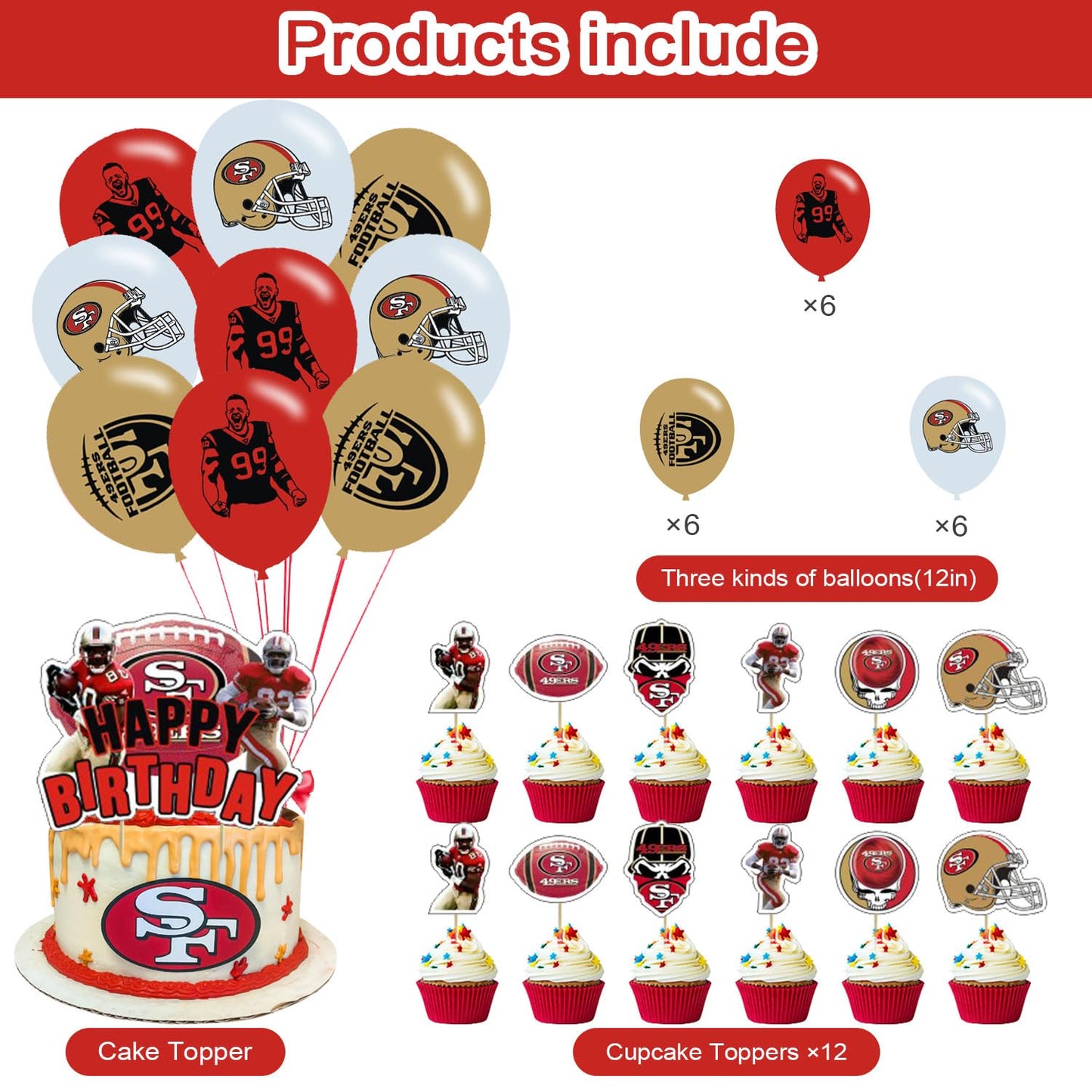 49ers Party Decorations,San Francisco Birthday Party Supplies Includes Banner- Cake Topper - 24 Cupcake Toppers - 18 Balloons
