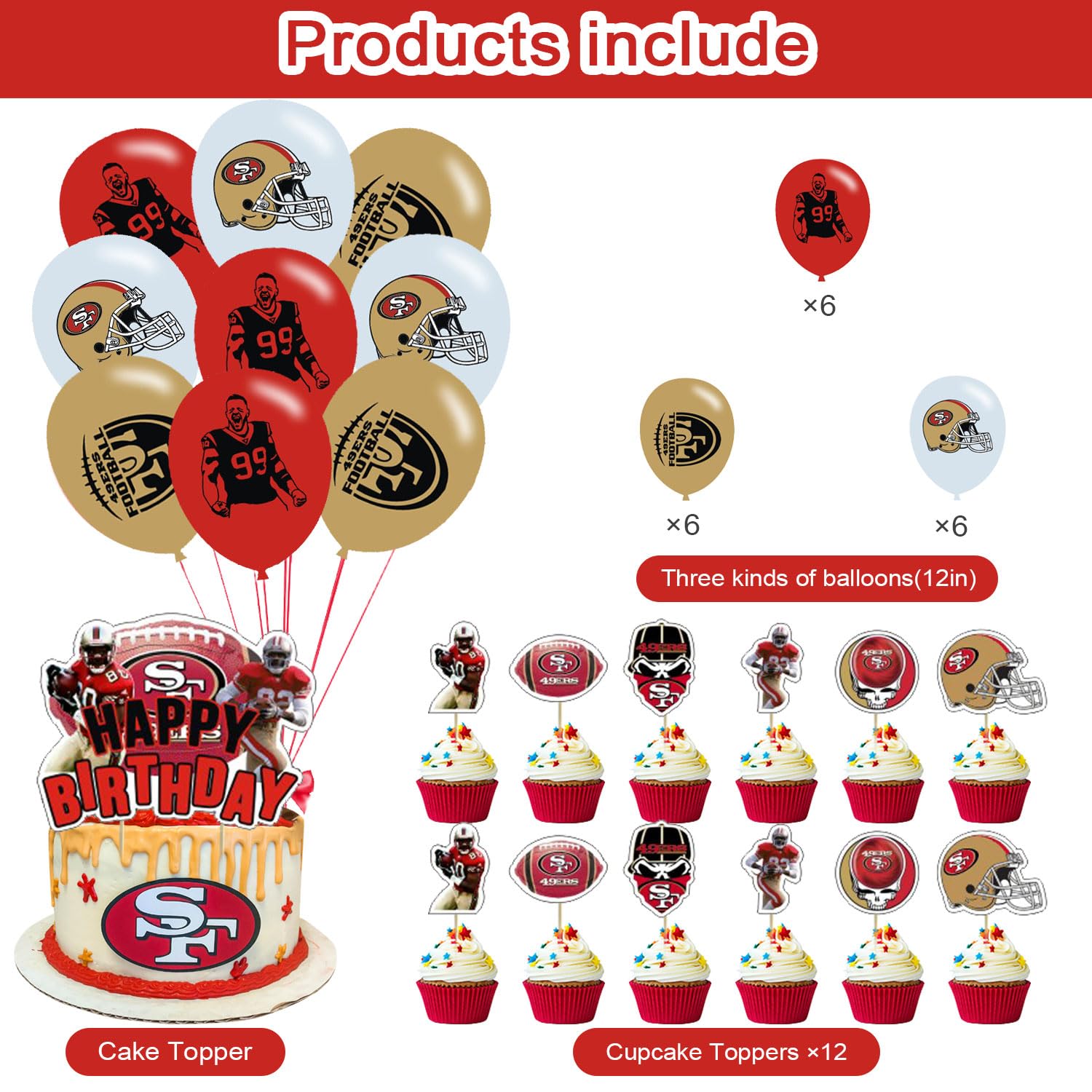 49ers Party Decorations,San Francisco Birthday Party Supplies Includes Banner- Cake Topper - 24 Cupcake Toppers - 18 Balloons