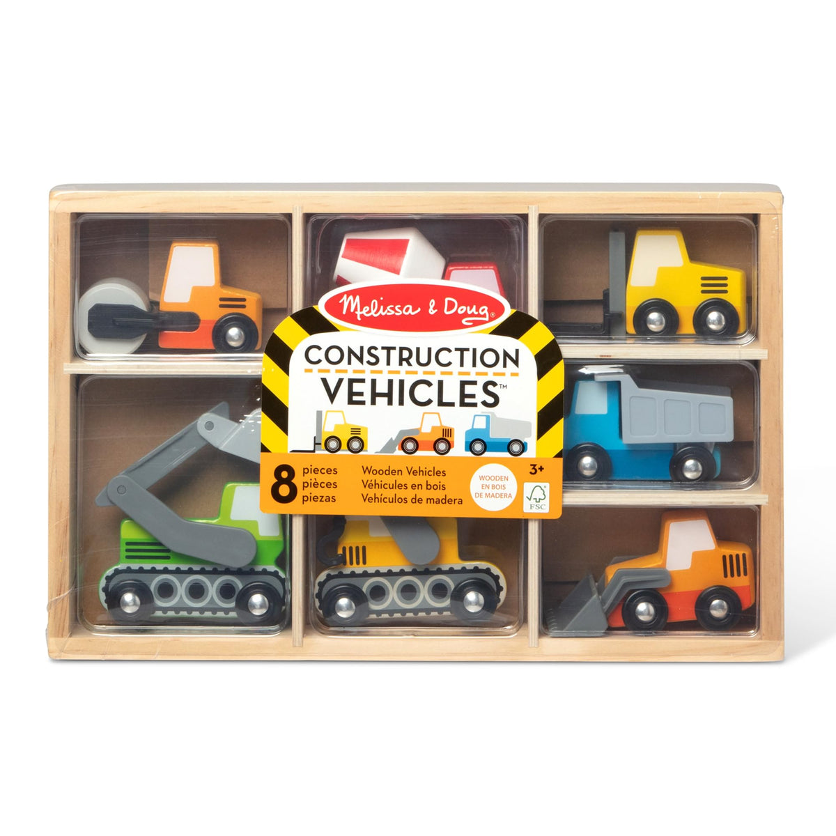 Melissa & Doug Wooden Construction Site Vehicles with Wooden Storage Tray (8 pcs) - Vehicle Toys, Cars for Toddlers and Kids Ages 3+
