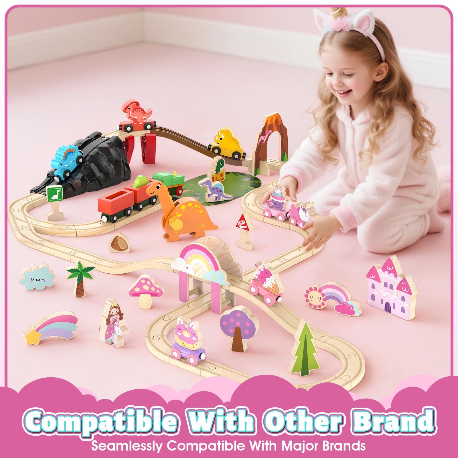 Lehoo Castle Wooden Train Set - Unicorn Train Set for Toddlers 2-4, Wooden Train Track Toddler Girl Toys, Pink Train Fantasy Toys for 3 4 5 6 7 Year