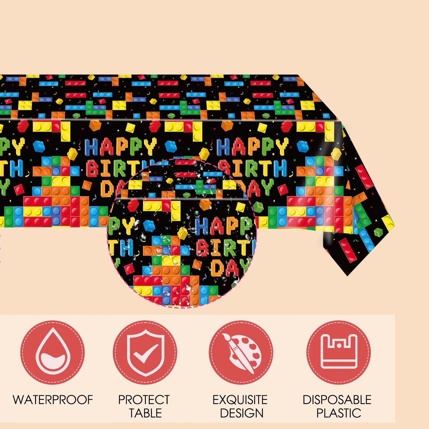 41 PCS Building Block Party Supplies,Colorful Paper Plates and Napkins with Building Block Disposable Plastic Table Cover for Happy Building Blocks