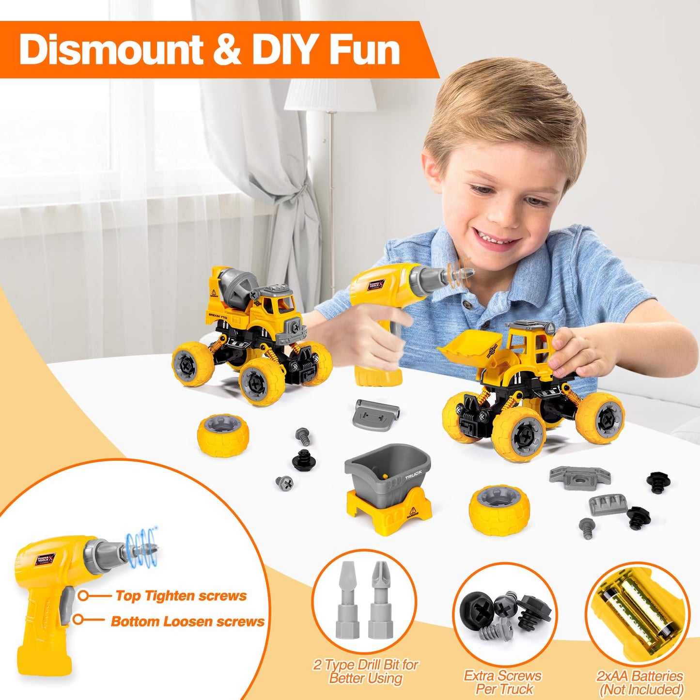 LUDILO Toys for 3 4 5 Year Old Boy Birthday Gift: 4PCS Take Apart Construction Truck Excavator Toy with Electric Drill, Kids Building Stem Learning
