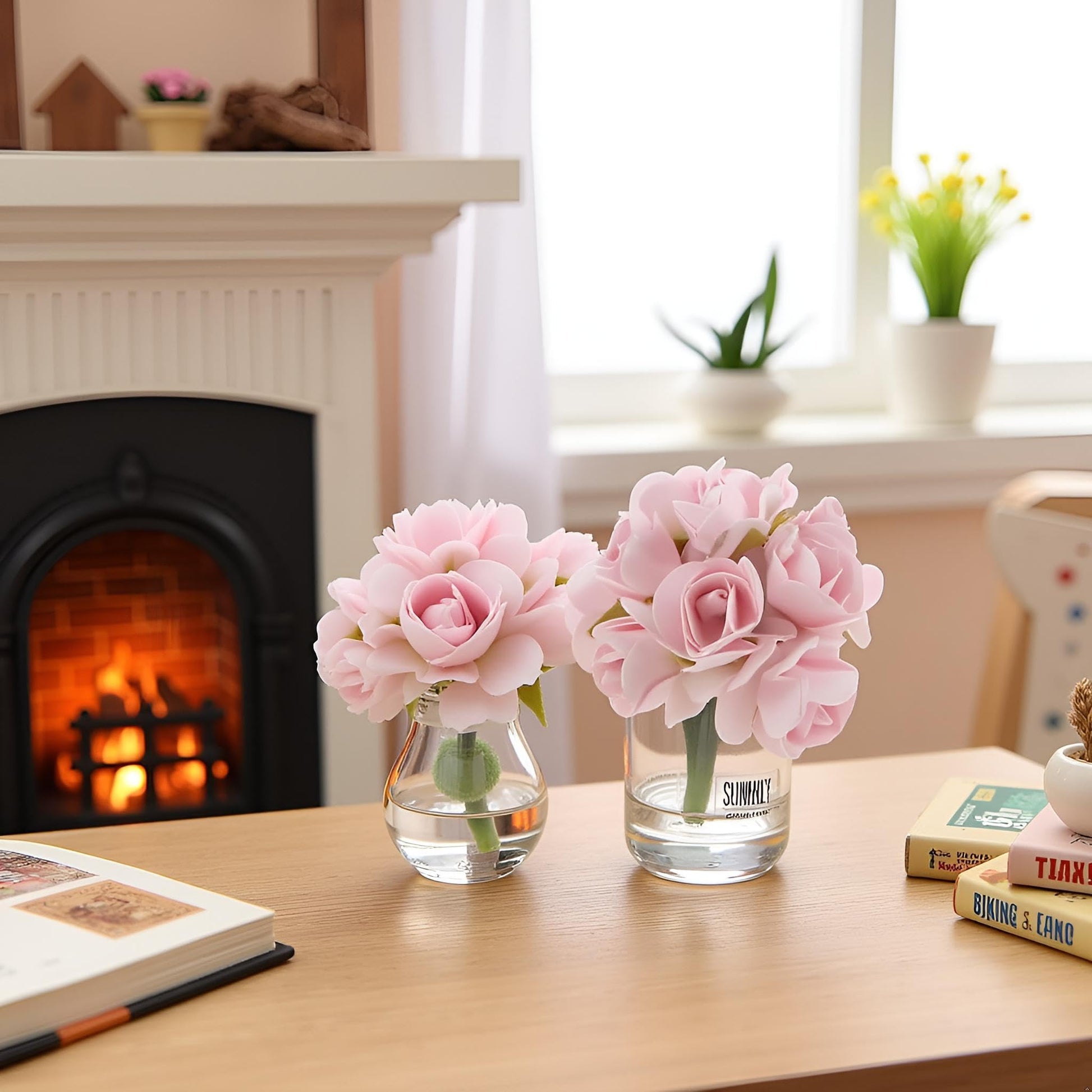2 Pcs Pink Dollhouse Miniature Flowers Dollhouse Mini Vase with Flower Dolls House Flower Glass Vase 1:12 Scale Dollhouse Miniature Flower in Vase