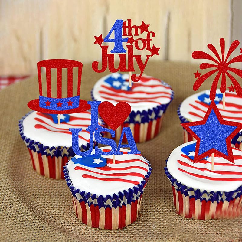 YuBoBo 4th Of July Gillter Cupcake Toppers Decorations Patriotic Independence Day Party Supplies Cake Dessert Ice Cream Toppers Accessories