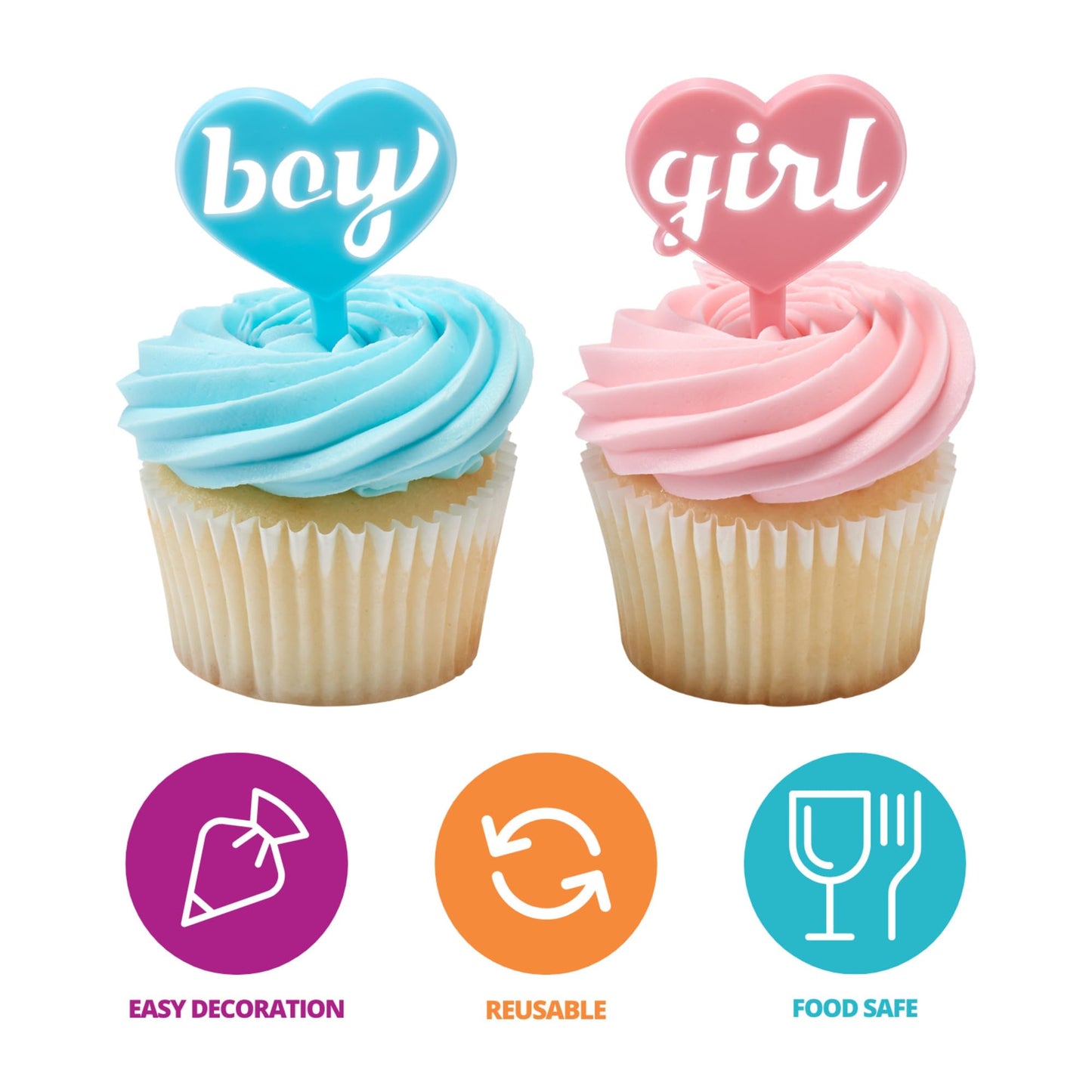 Boy Girl Cake Toppers, 24 Gender Reveal Cupcake Decorations, Blue & Pink Cupcake Pics For Baby Shower Or Gender Reveal - 24 Pack