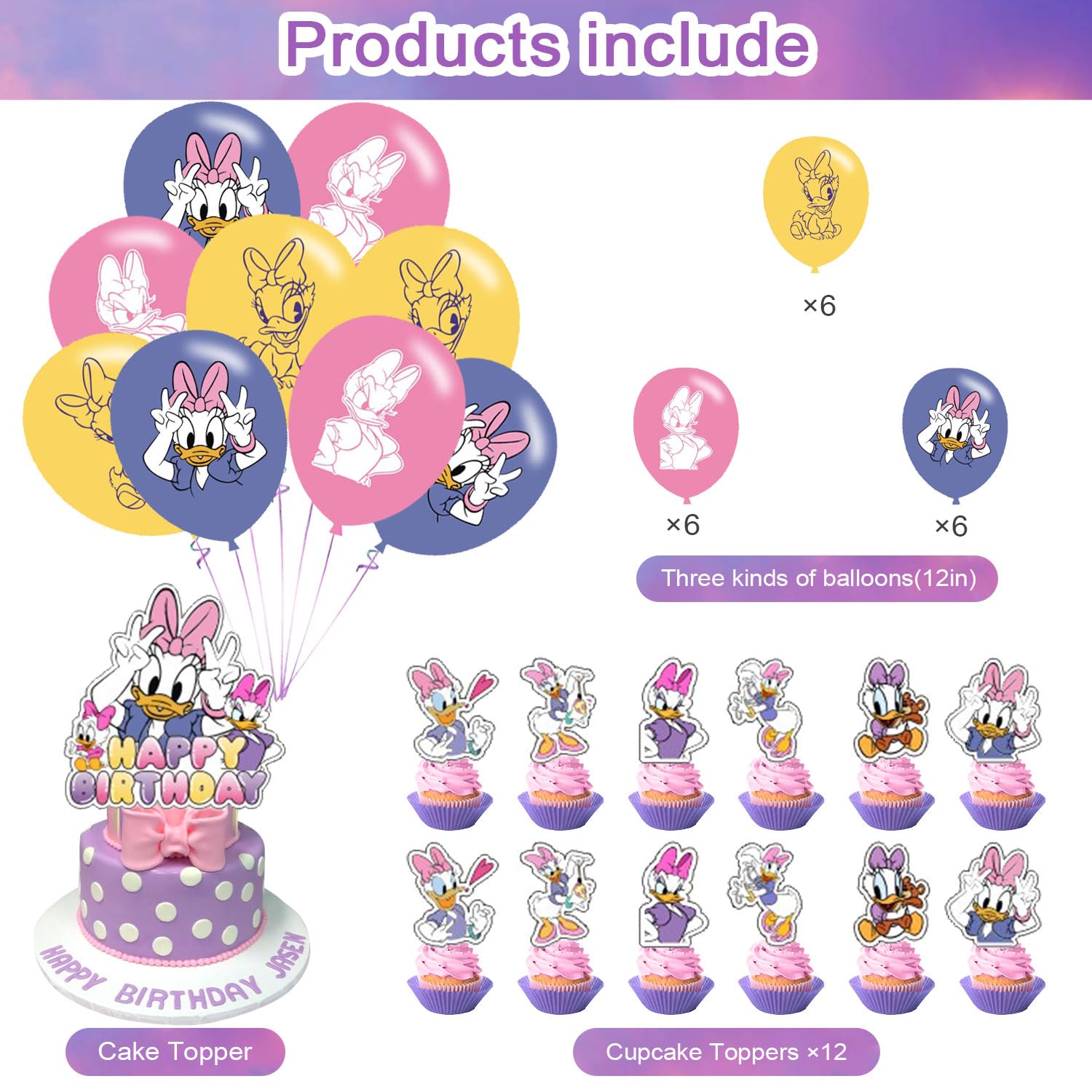 Daisy Duck Party Decoration Set - Movie Theme Banner, Cake Topper, Latex Balloons for Fan's Birthday Supplies