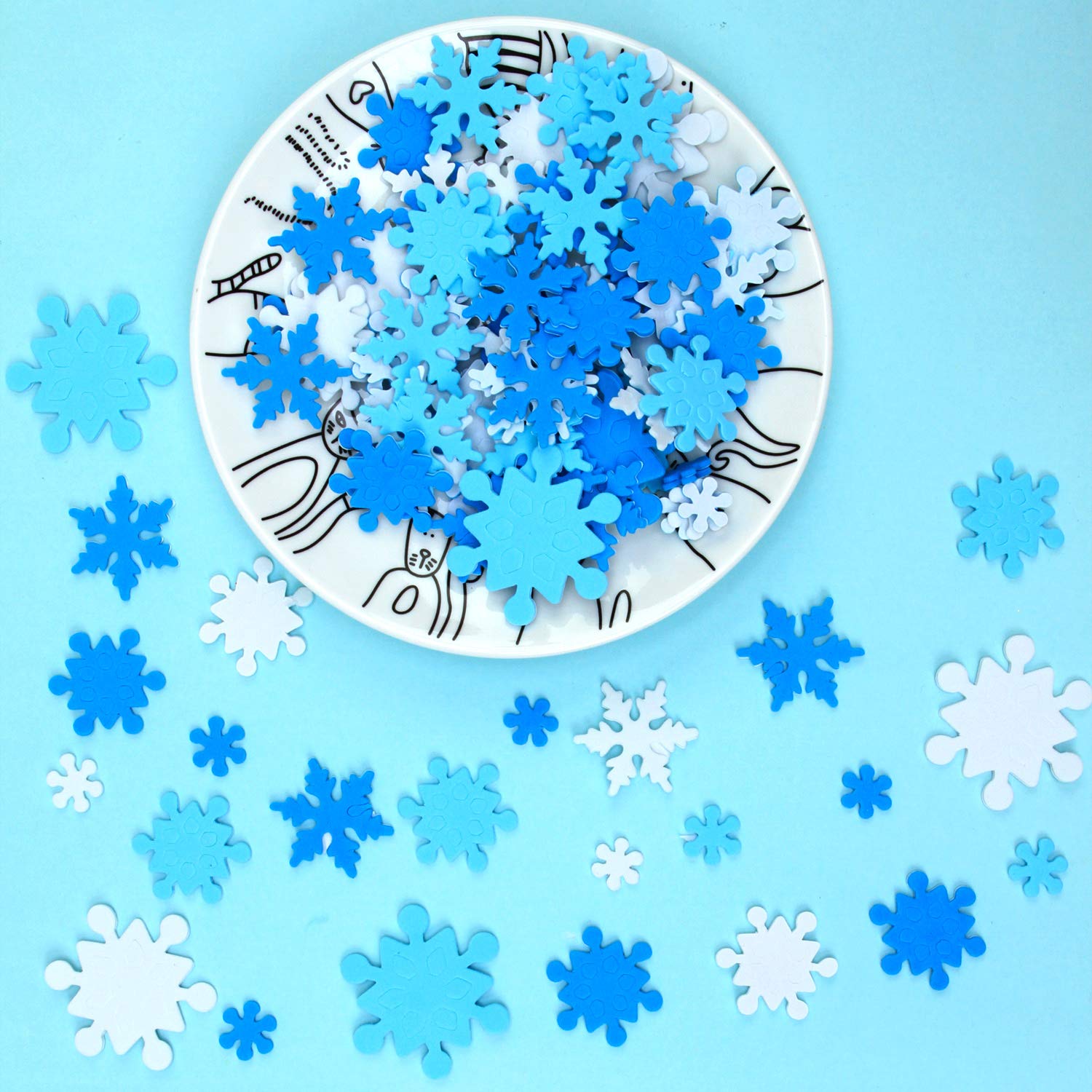 Aneco 600 Pieces Winter Foam Snowflake Stickers Christmas Self-Adhesive Blue and White Snowflake Shape Stickers for Home Holiday Xmas Party DIY Craft