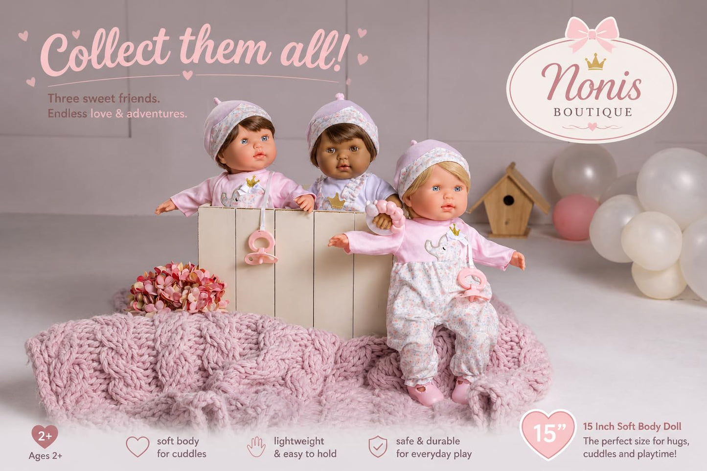 JC Toys Nonis Boutique 15" Realistic Soft Body Baby Doll with Blonde Hair, Blue Eyes, Open/Close Eyes | 10 Piece Gift Set with Bottle, Rattle