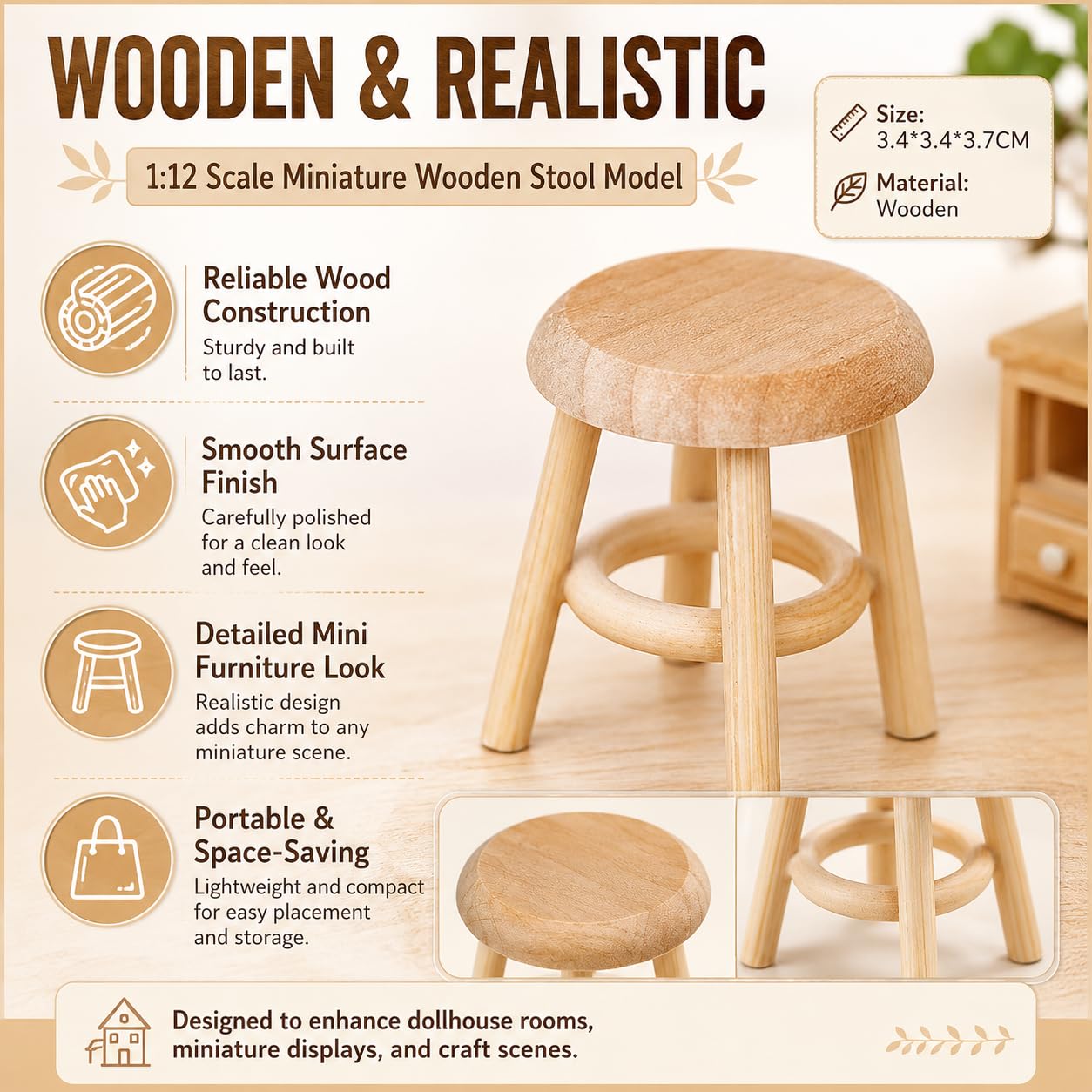 Miniature Wooden Stool, 1:12 Scale Furniture, DIY Living Room Accessories, Wooden Color Dollhouse Living Room, Dollhouse Accessories