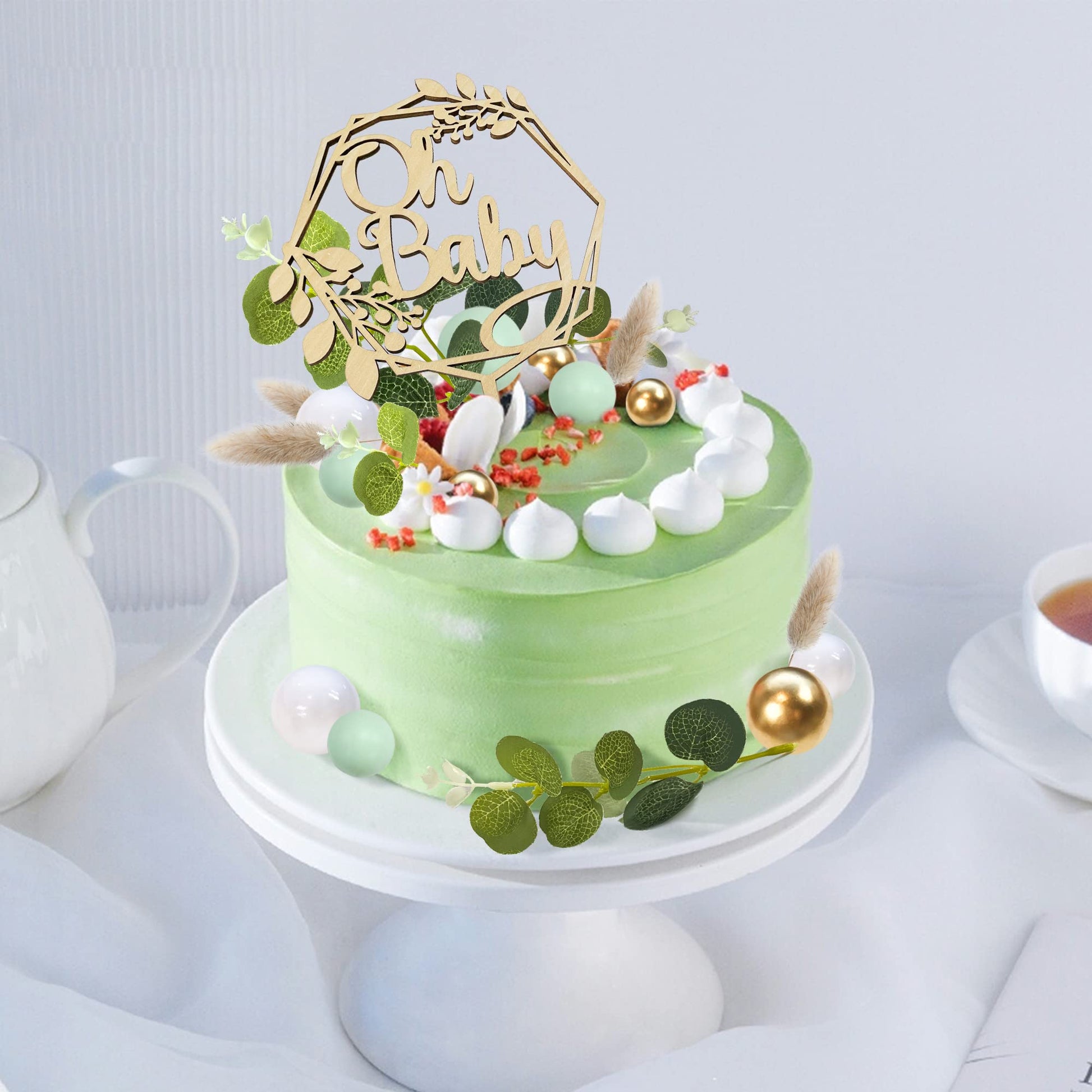 33 PCS Wood Cake Topper Balls Cake Topper Balls Cake Decorations with Artificial Leaves for Baby Shower Newborn Birthday Party Gender Reveal