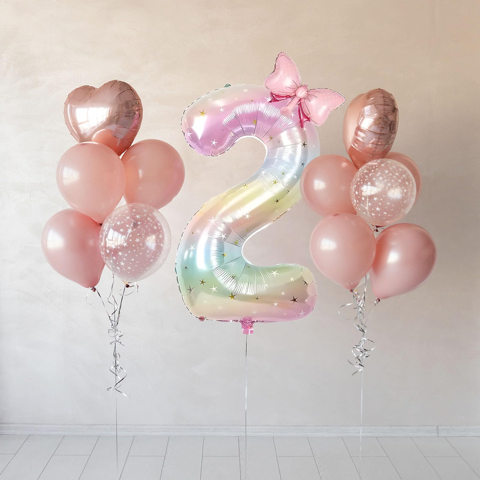 Number 2 40 Inch Rainbow Star Gradient Giant Number Balloon & Mini Bow Balloon Foil Mylar Number Balloons Children's Birthday Girl Party Anniversary