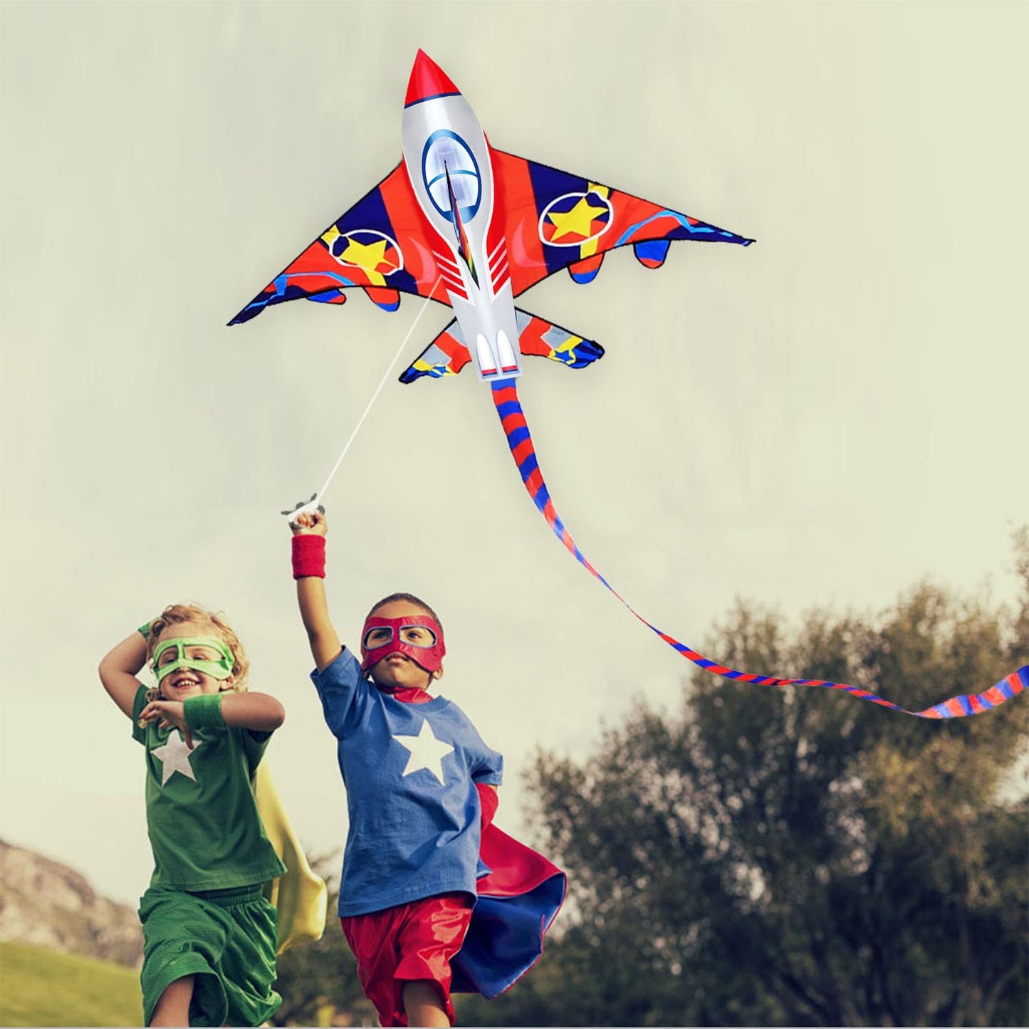 HONBO 58" Fighter Plane Kites for Kids Easy to Fly, Kites for Adults, with Kite Reel and 200ft String, Beginner Kite for Beach Trip
