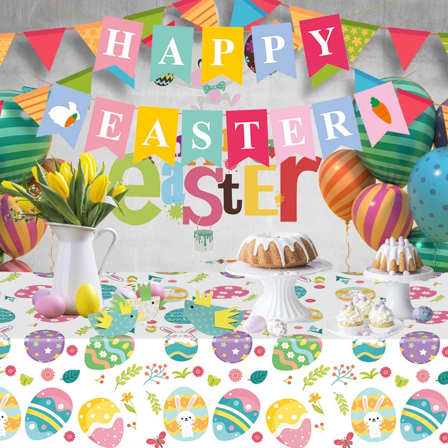 MEILINJIAN Easter Tablecloths 2 Pack Disposable Plastic with Happy Easter Paper Banner - 54x108 Inch Spring Party Decorations for Egg Hunt, Dinner