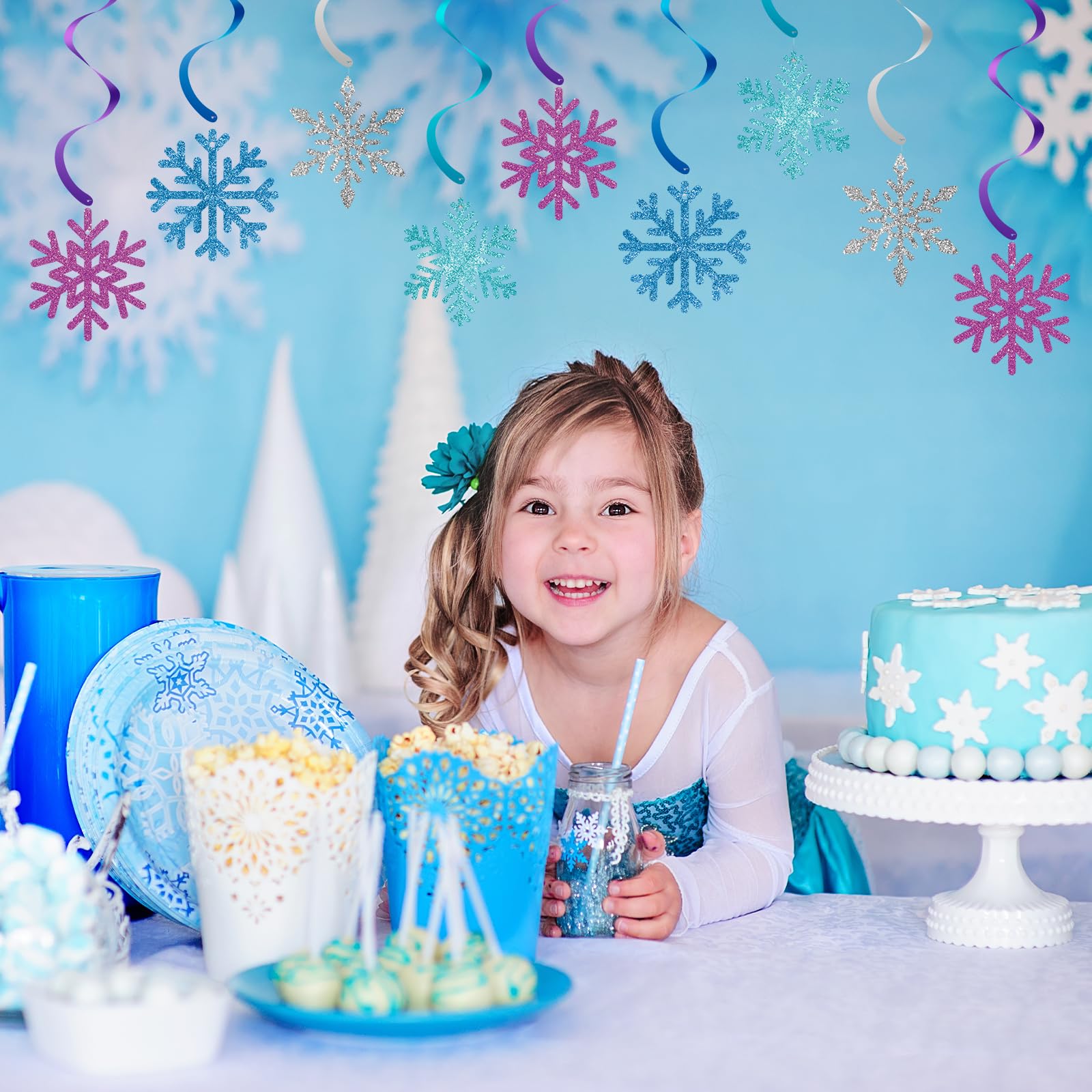 20 Pack Frozen Snowflake Hanging Decorations - Winter Snowflakes Hanging Swirls Ceiling Streamers, Glittery Snowflakes Ornament for Wonderland Frozen