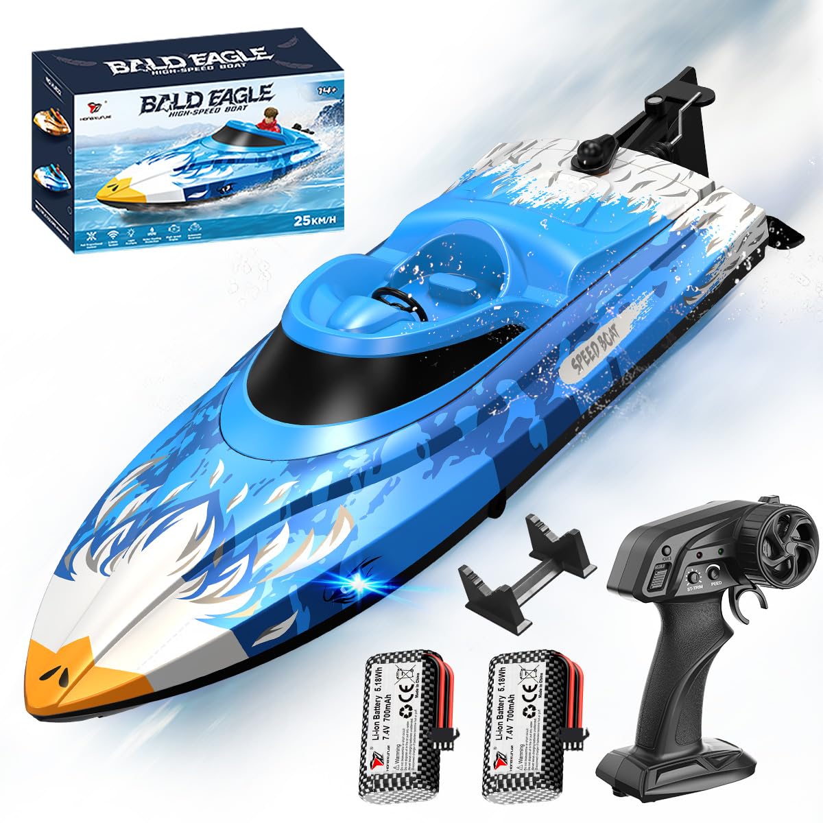 RC Boat 25KM/H High Speed Waterproof Remote Control Boat,Water Cooling, 2.4GHz Remote, 2 Batteries, LED Lights, One-Key Flip, Low Battery