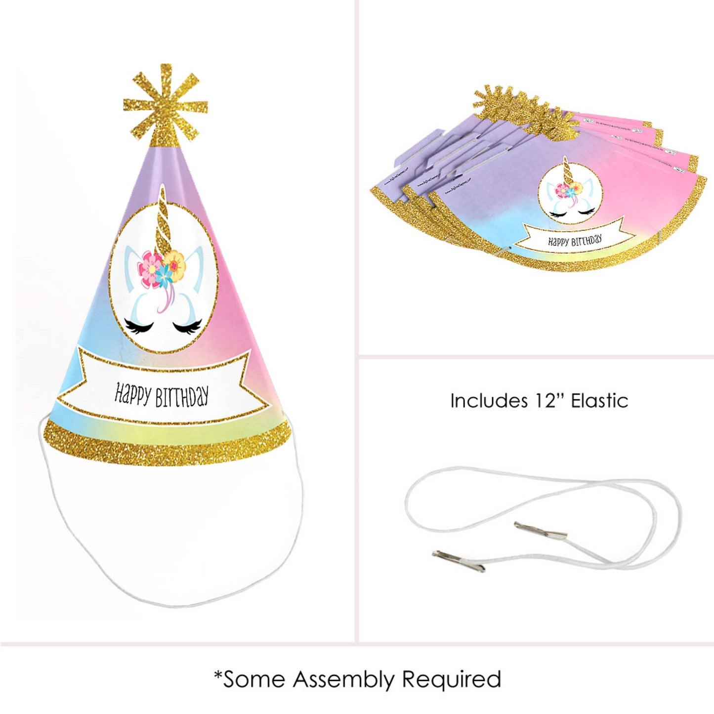 Rainbow Unicorn - Cone Magical Unicorn Happy Birthday Party Hats for Kids and Adults - Set of 8 (Standard Size)