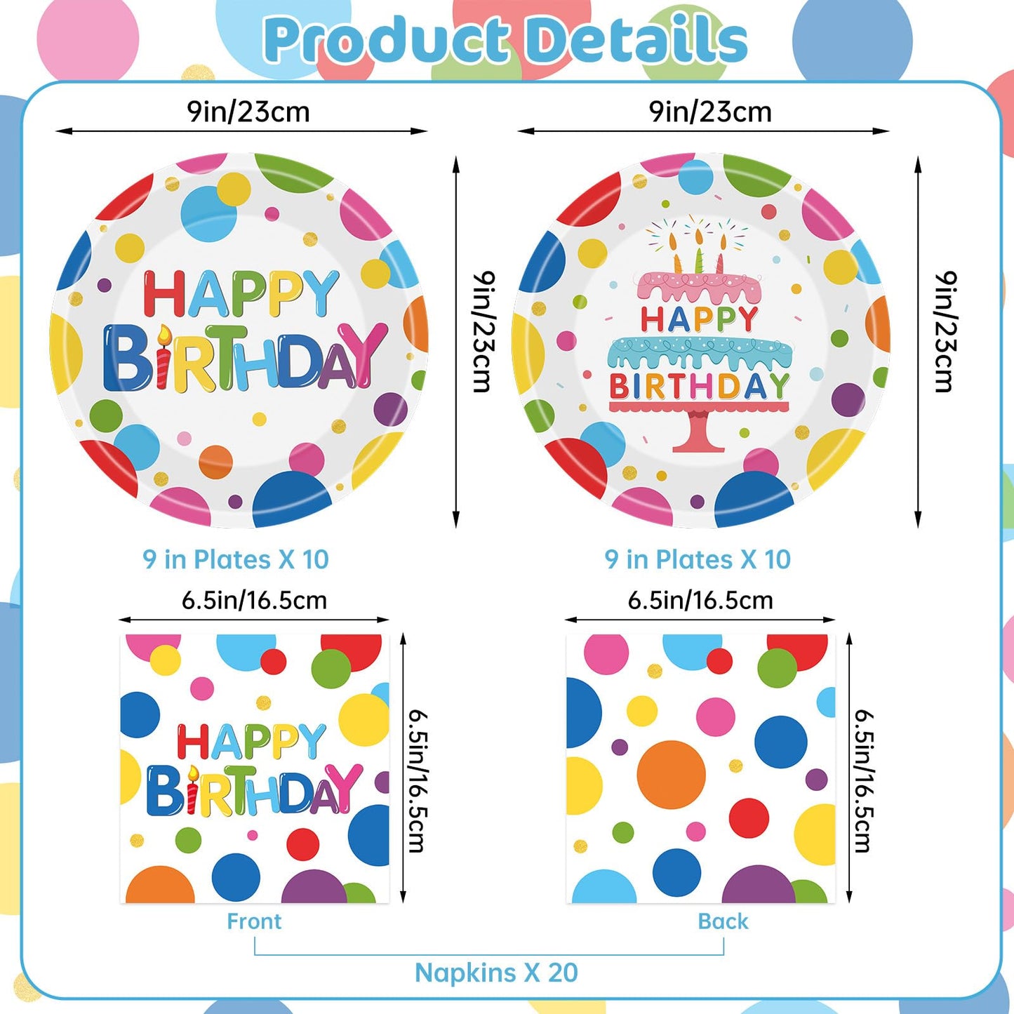 40 Pcs Happy Birthday Paper Plates and Napkins Sets - Polka Dots Bday Party Supplies Tableware, Disposable Colorful Dinner Plates Napkins Kit