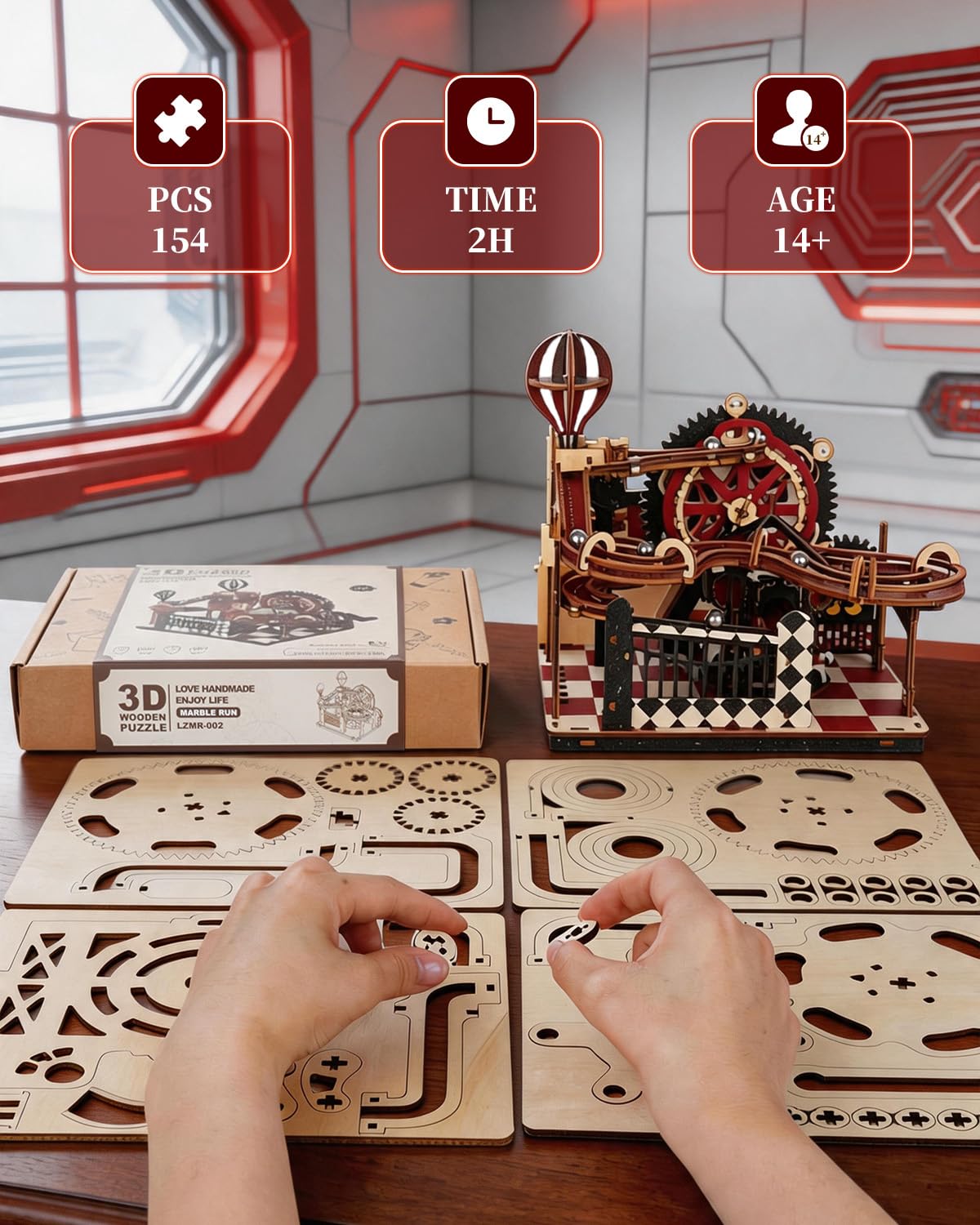 Rnfinewow 3D Puzzles for Adults, Fantasy Land Wooden Marble Run Mechanical Model Building Kits for Adults to Build, Wooden Puzzles Gear Ball Building