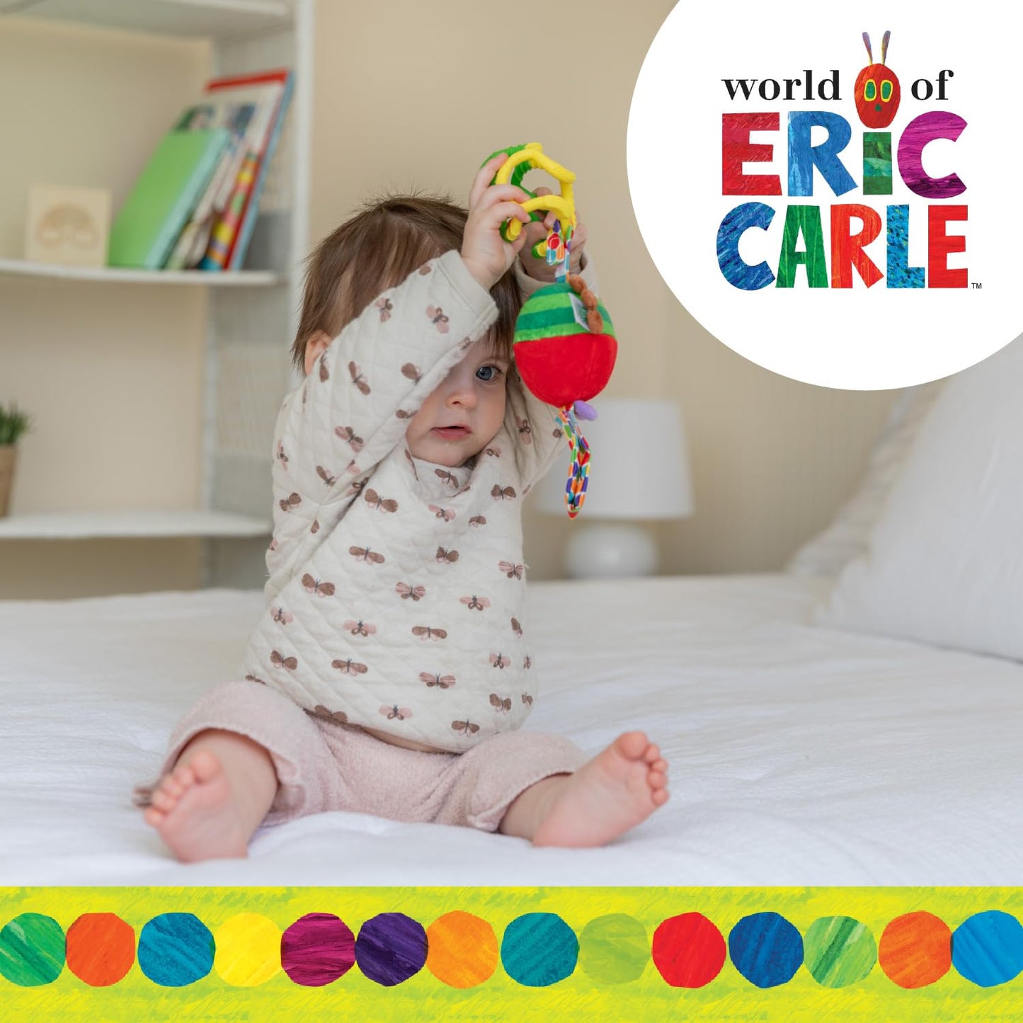 Eric Carle Very Hungry Caterpillar Chime Toy with Silicone Gummi Ogobolli - Makes Sound When Shaken and Great for Teething - Hanging Loop for On