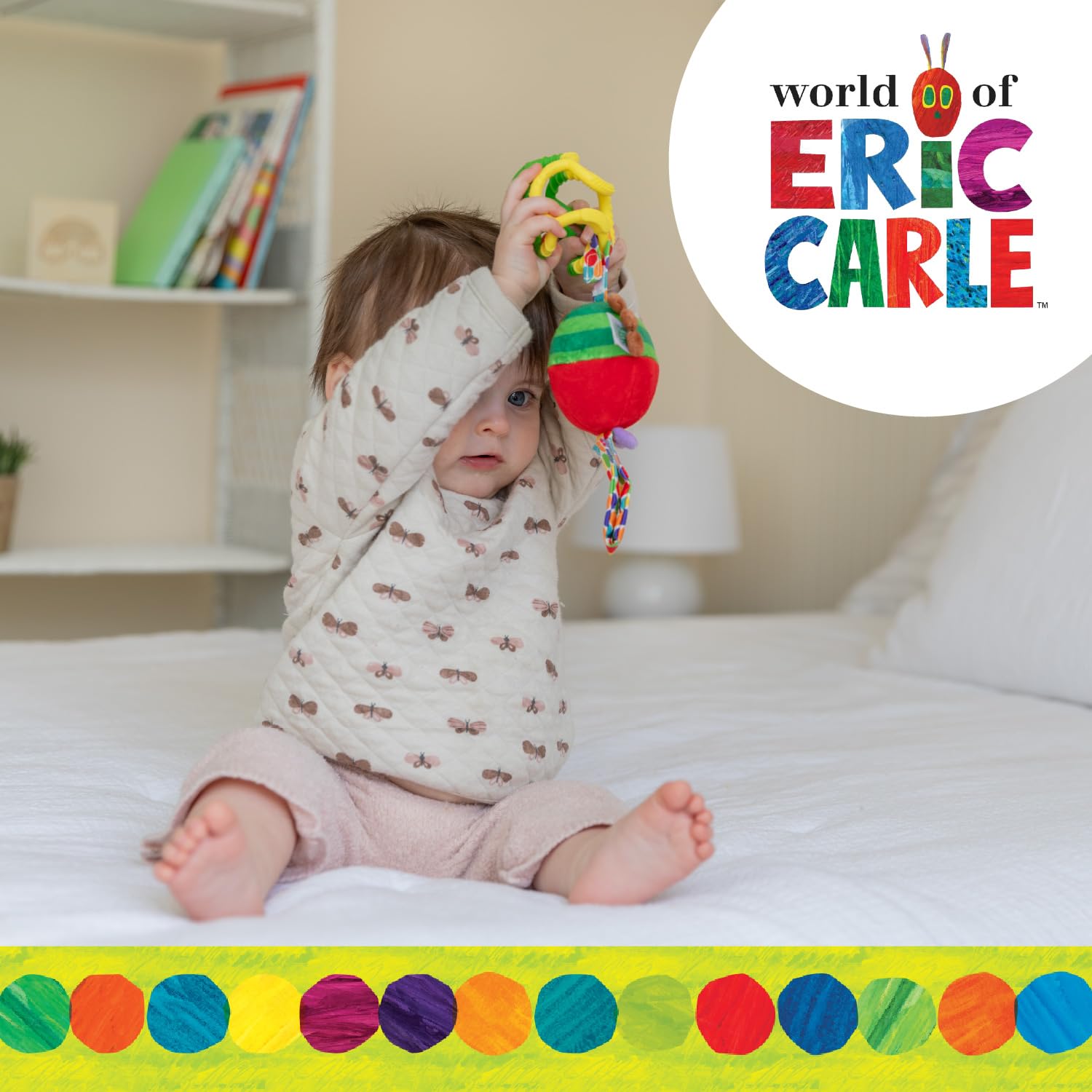 Eric Carle Very Hungry Caterpillar Chime Toy with Silicone Gummi Ogobolli - Makes Sound When Shaken and Great for Teething - Hanging Loop for On
