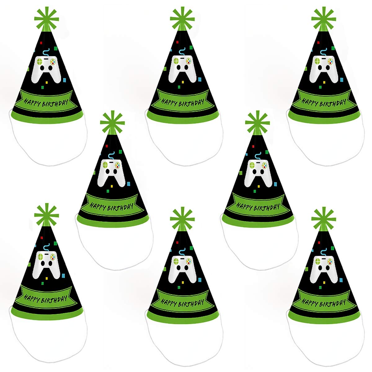 Big Dot of Happiness Video Game - Pixel Game Zone Cone Happy Birthday Party Hats for Kids and Adults - Set of 8 (Standard Size)