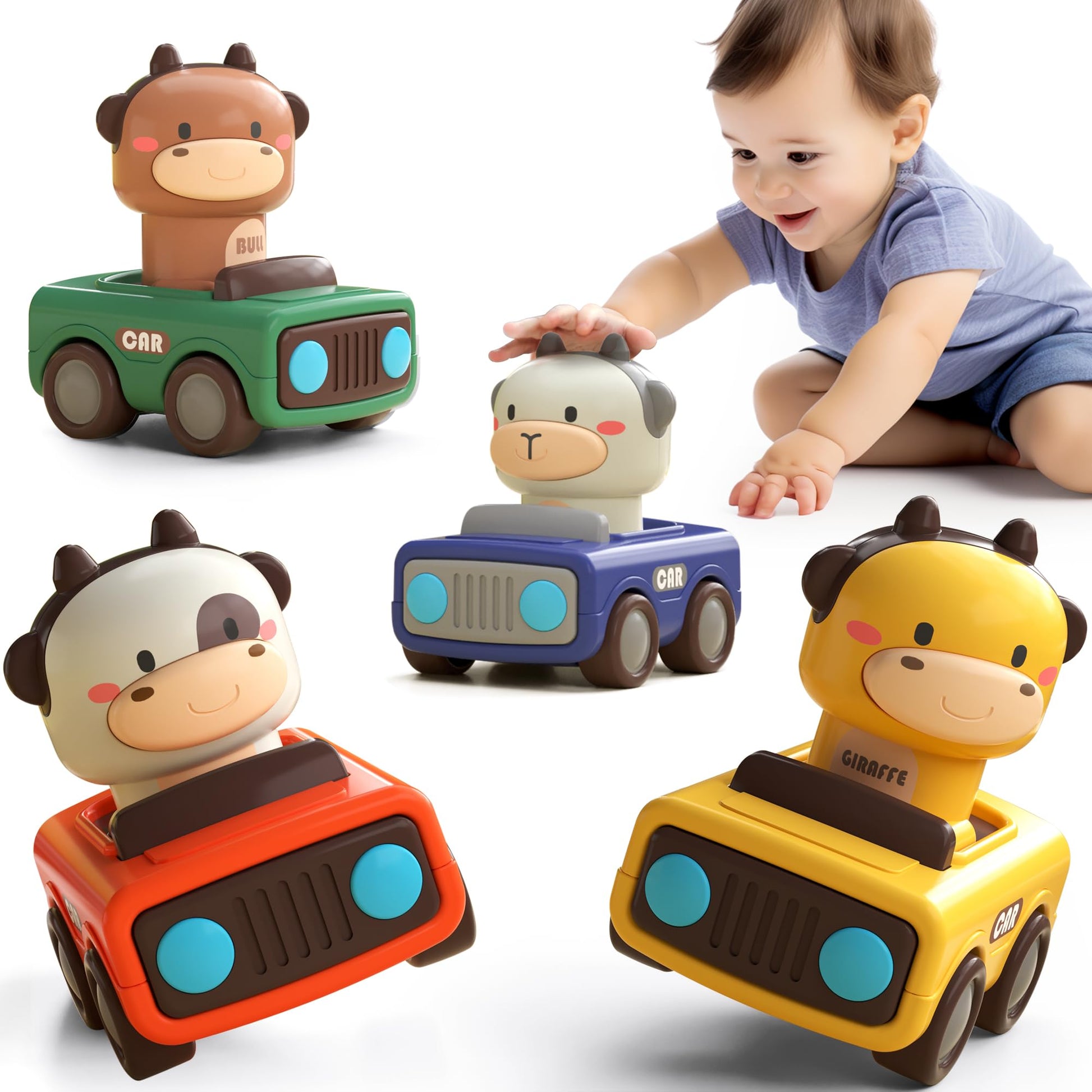 iPlay, iLearn Press to Go Car Toys for Toddlers 1-3, Baby Animal Racing Cars, Infant Play Vehicle Set, Baby Push Go Friction Car Toys for 6-9-12-18
