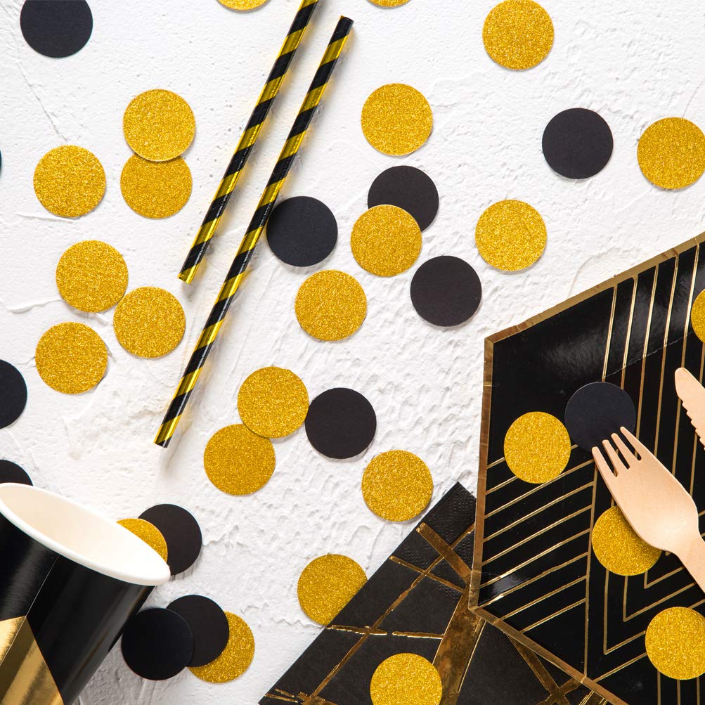 MOWO Gold Glitter and Black Confetti Circle Table Decoration, 1.2", 200pc