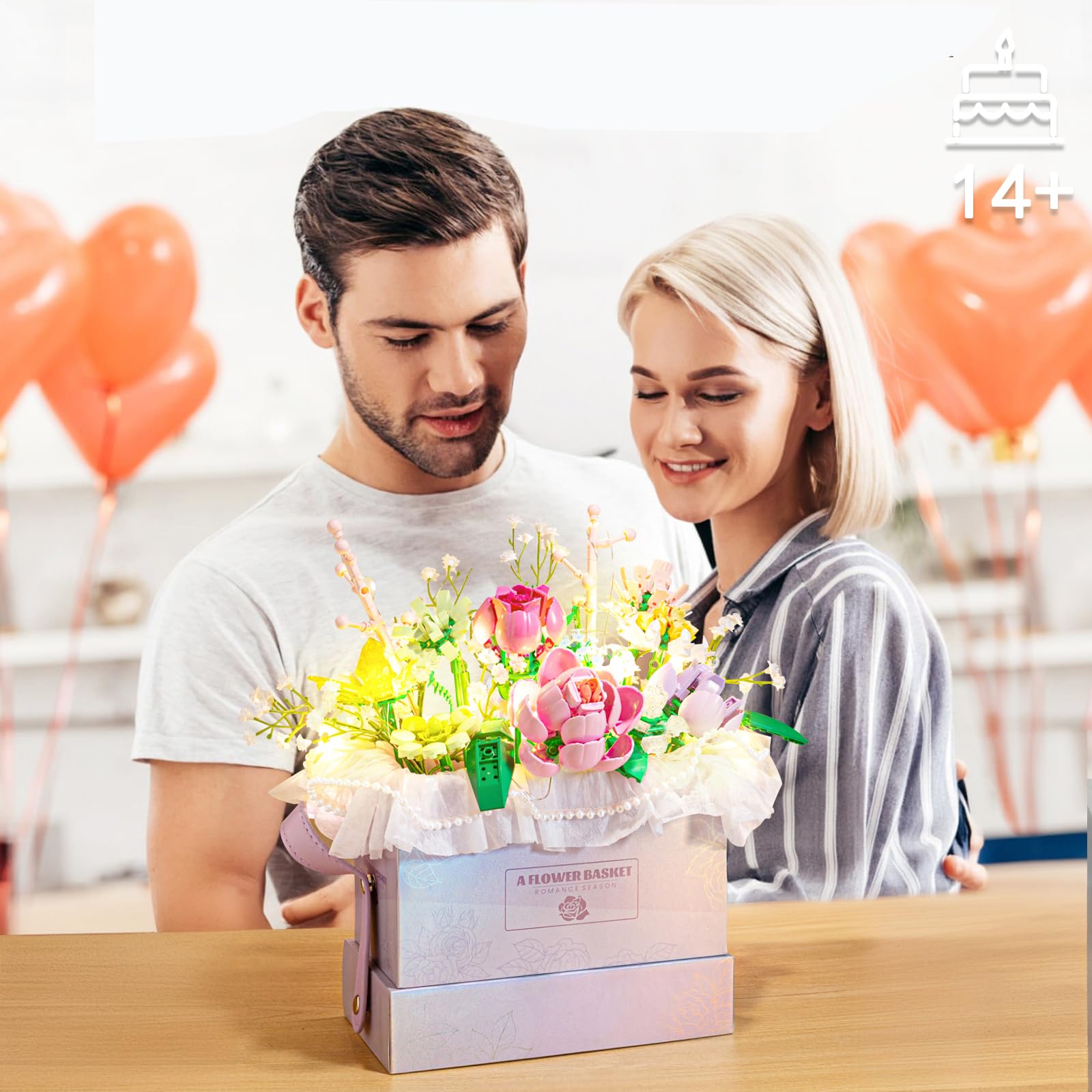 HIGH GODO Flowers Bouquet Building Set, Flowers Basket Building Blocks with Light, 706PCS Botanical Building Kit, Anniversaries Birthday for Women