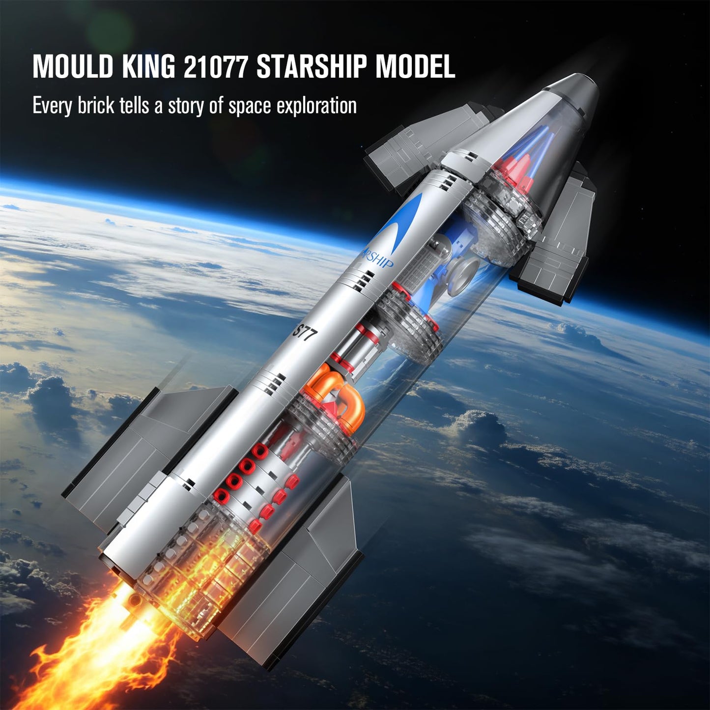 Mould King 21077 Space Rocket Building Blocks Set, 1231+PCS Semi-Transparent Space Shuttle Model, Collectible Spaceship Exploration Rockets for Adults