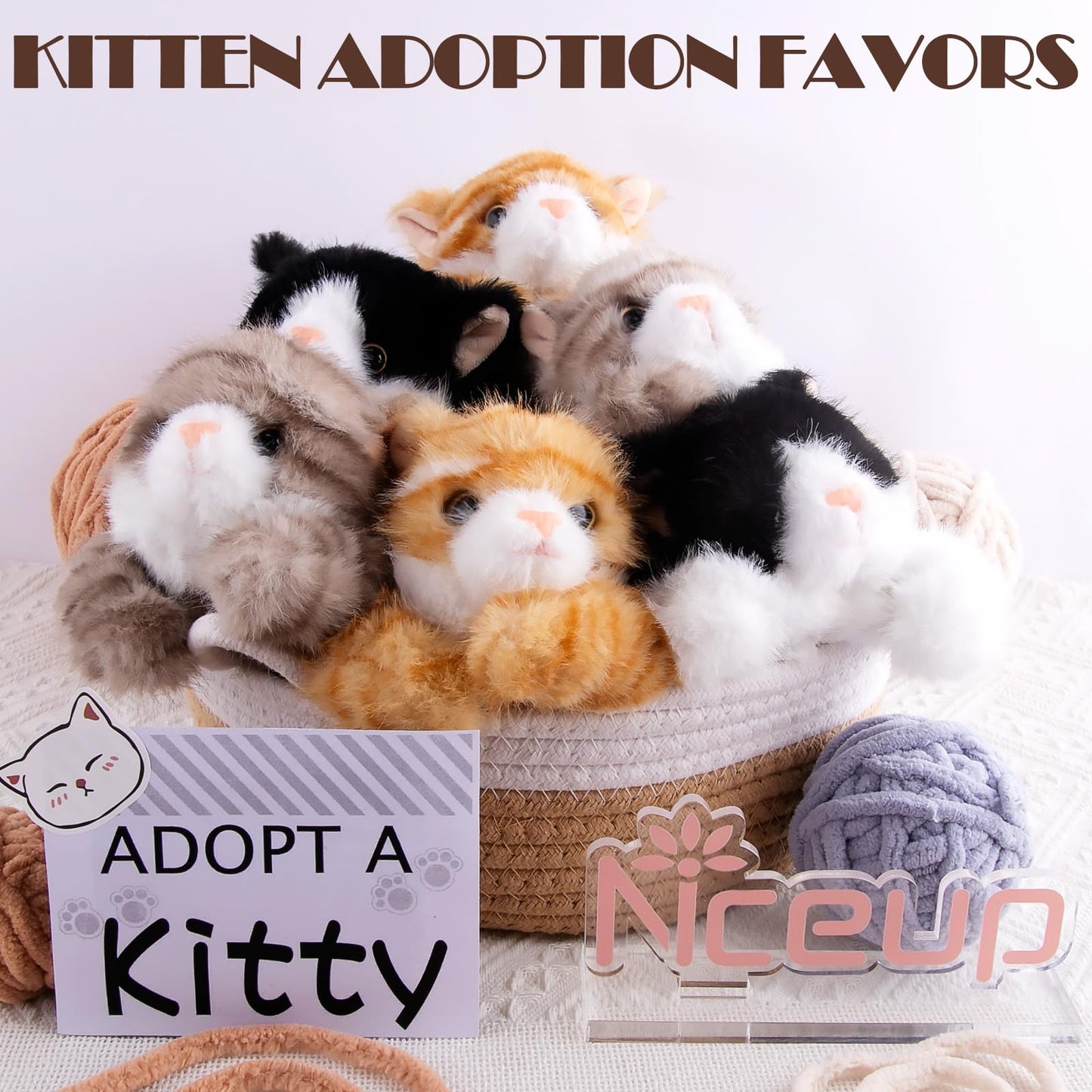 Niceup 12pcs Kitten Stuffed Animal 7in, Bulk Kitty Cat Pet Adoption Party Favors, Small Black Orange Grey Cat Plush Stuffy Toys with Sensory Beans