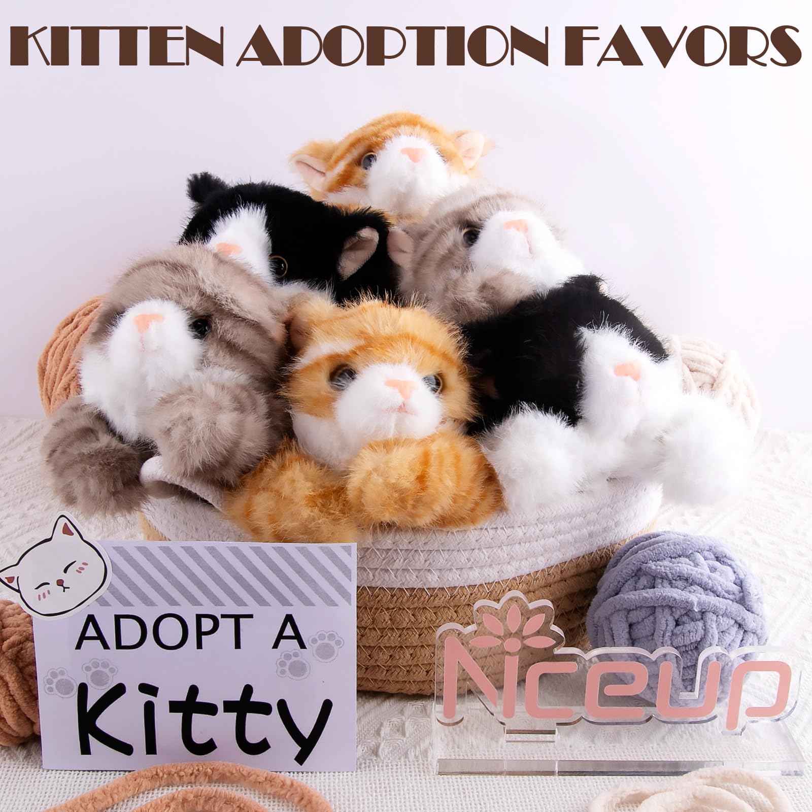 Niceup 12pcs Kitten Stuffed Animal 7in, Bulk Kitty Cat Pet Adoption Party Favors, Small Black Orange Grey Cat Plush Stuffy Toys with Sensory Beans