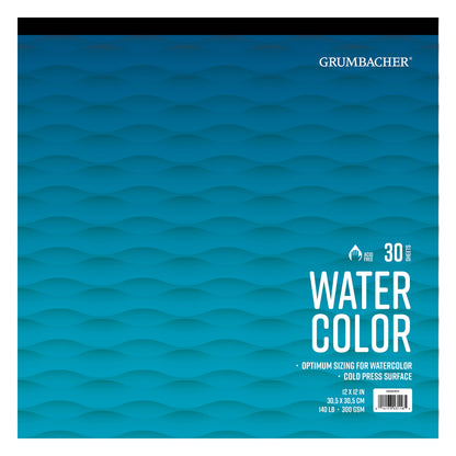 Grumbacher 12" x 12" Cold Press Watercolor Paper Pad, 140 lb. / 300 GSM, Tape-Bound, 30 Sheets/Pad, 1 Each