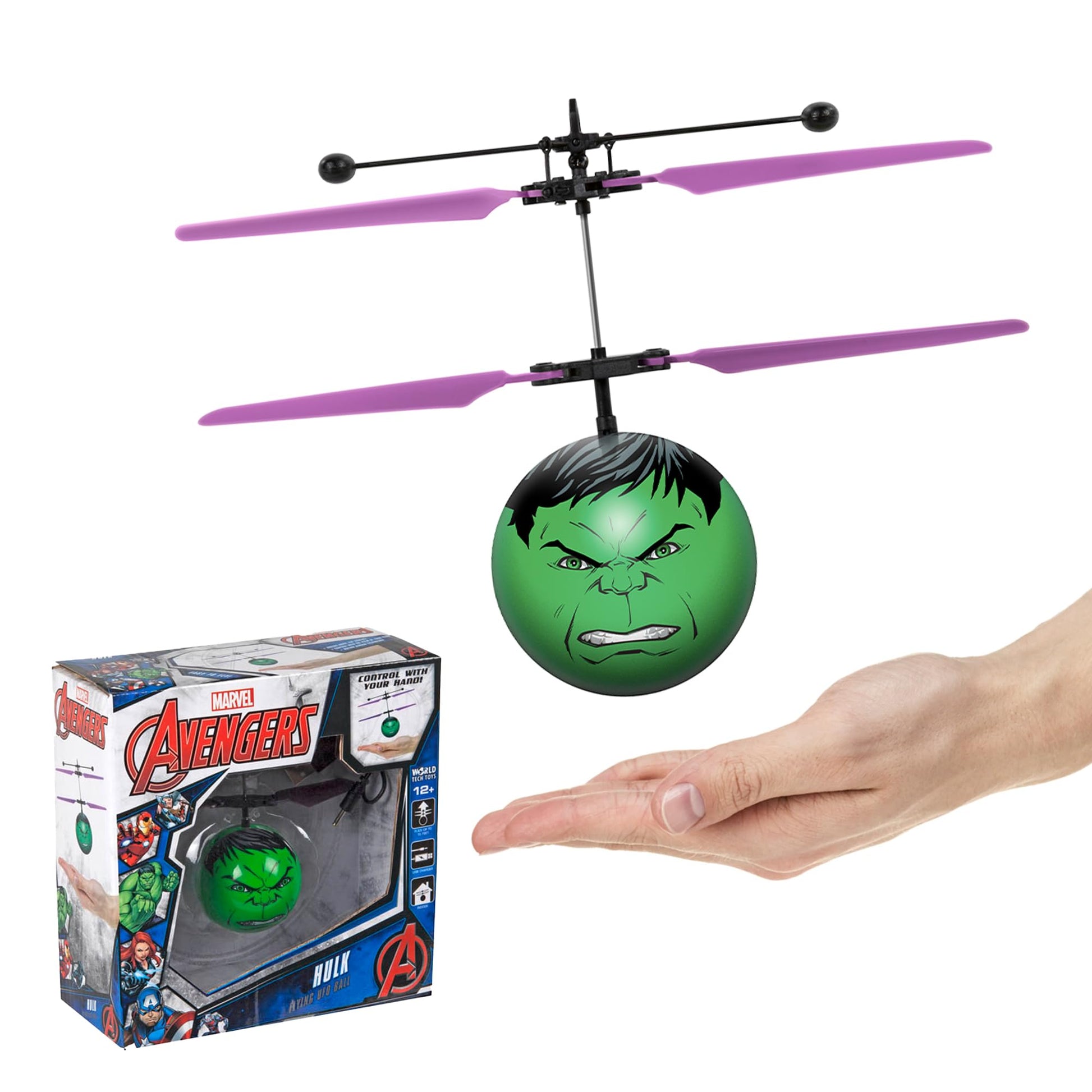 World Tech Toys Marvel Hulk Flying Toy - Motion Sensing Flying Ball with USB Charging - Marvel Licensed - Indoor/Outdoor Drone for Kids Ages 6+