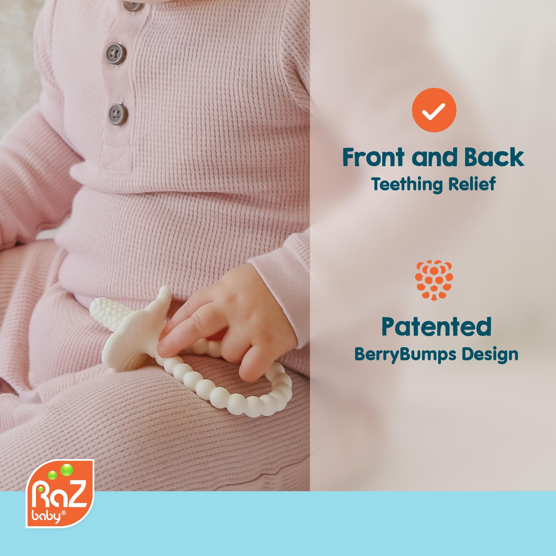 RaZbaby RaZberry Plus Baby Teether - Easy-to-Hold Toy for Front & Back Teething Relief, BerryBumps Texture for Sensory Development, Soothes Sore Gums