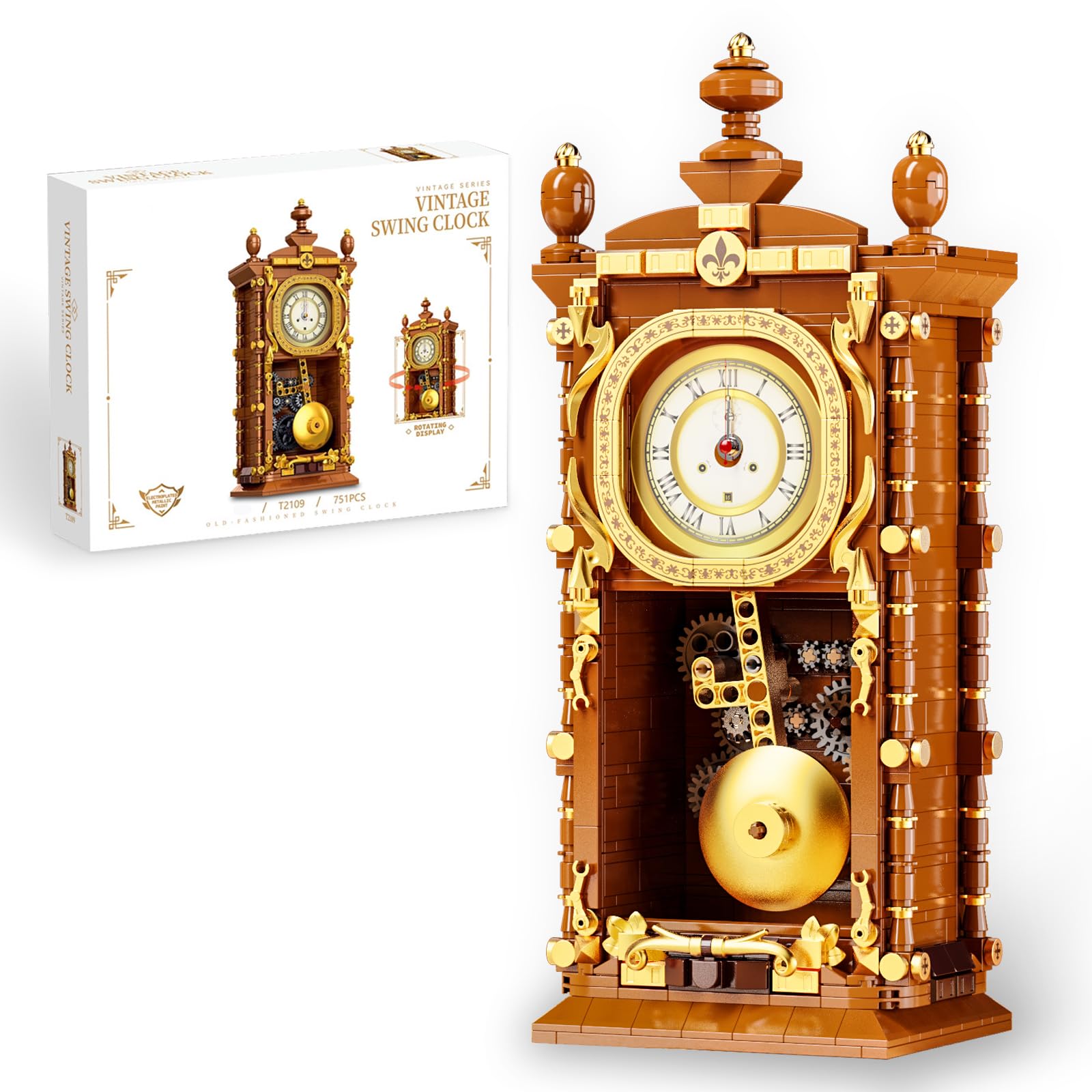 Vziimo Retro Clock Building Blocks Set, Vintage Pendulum Clock Model Kit with Real Functional Timepiece, Creative Gift Toys for Adults Teens 14+ (751