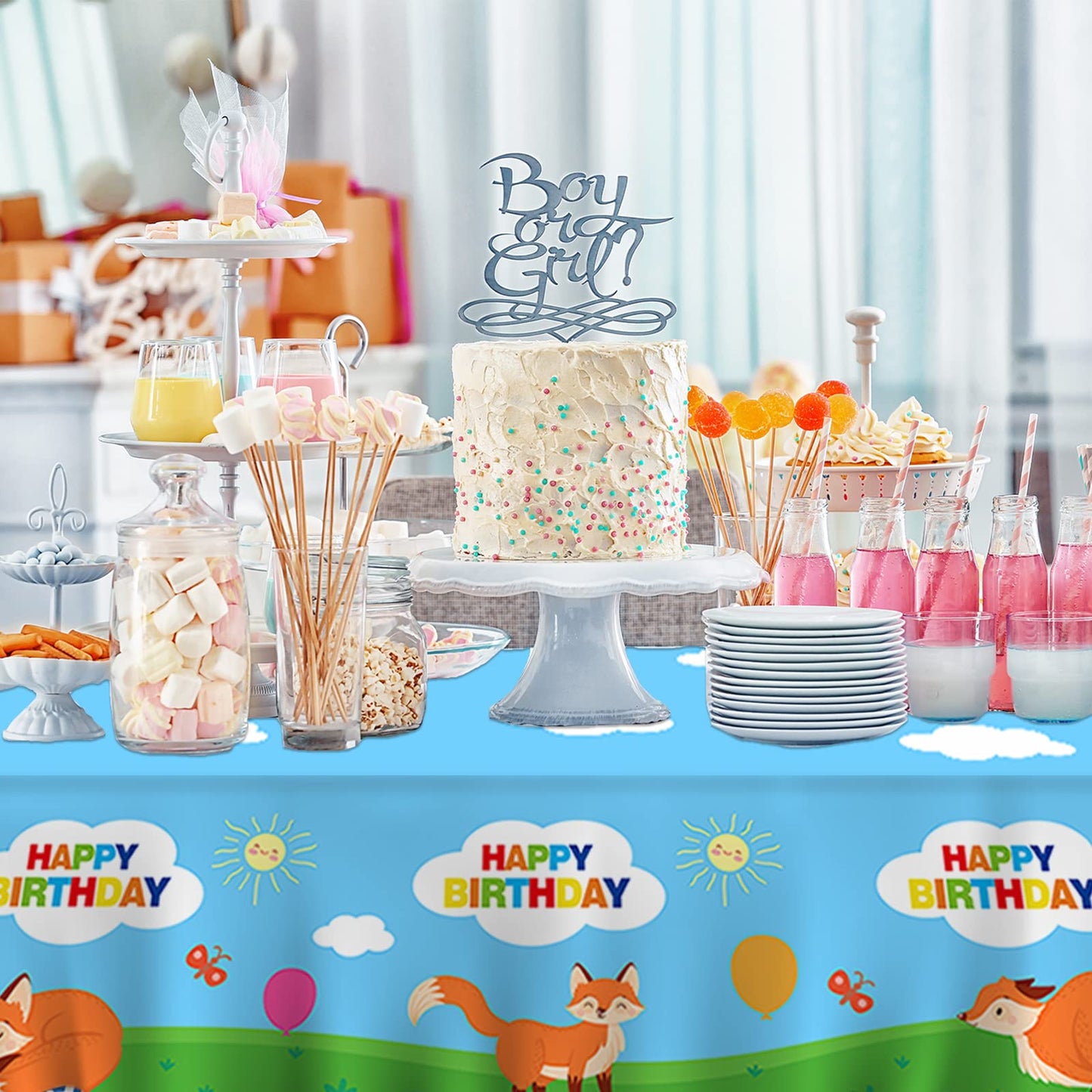 GZBJMYGS Fox Happy Birthday Tablecloth Fox Animal Party Plastic Supplies Animal Theme Baby Shower Boys Girls Blue Birthday Party Supplies Party Picnic