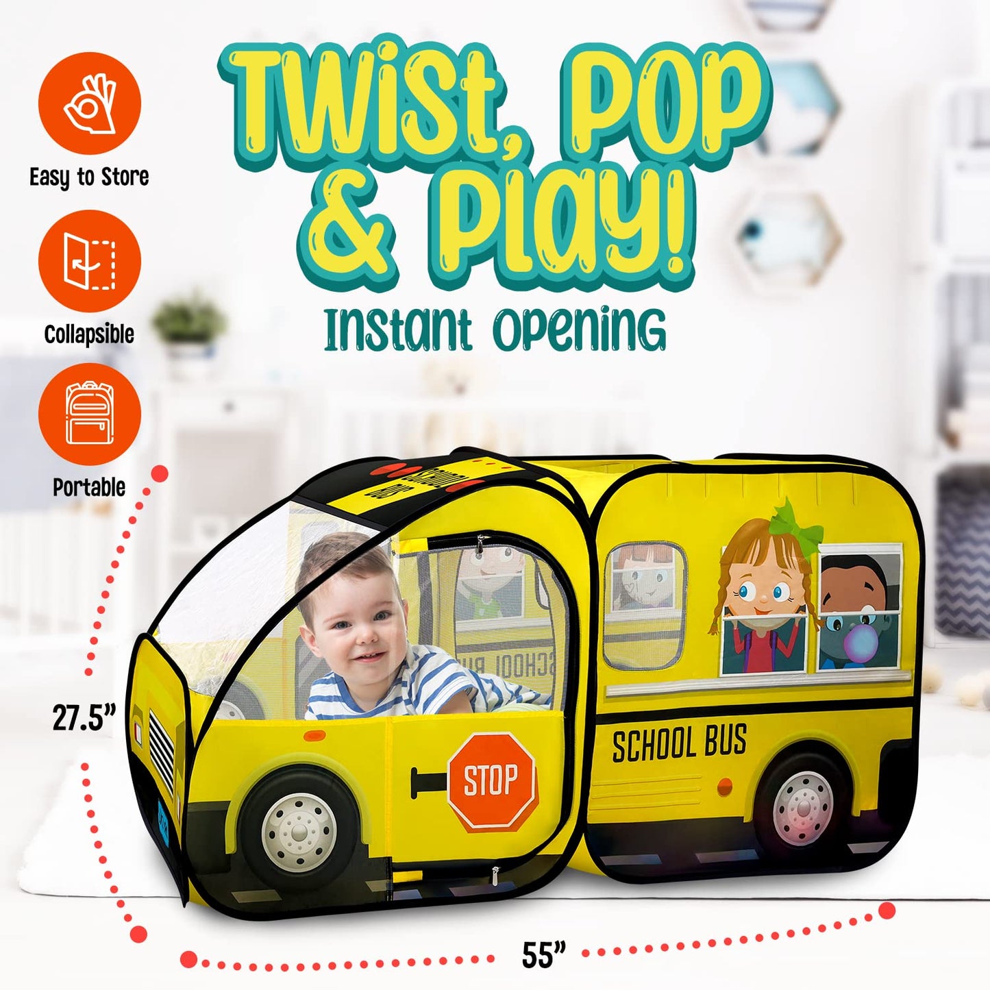 School Bus Pop-Up Kids Tent with Sound Play Button, Ball Pit for Toddler & Up - Easy Setup Tent for Indoor & Outdoor, Daycare Playground Activities
