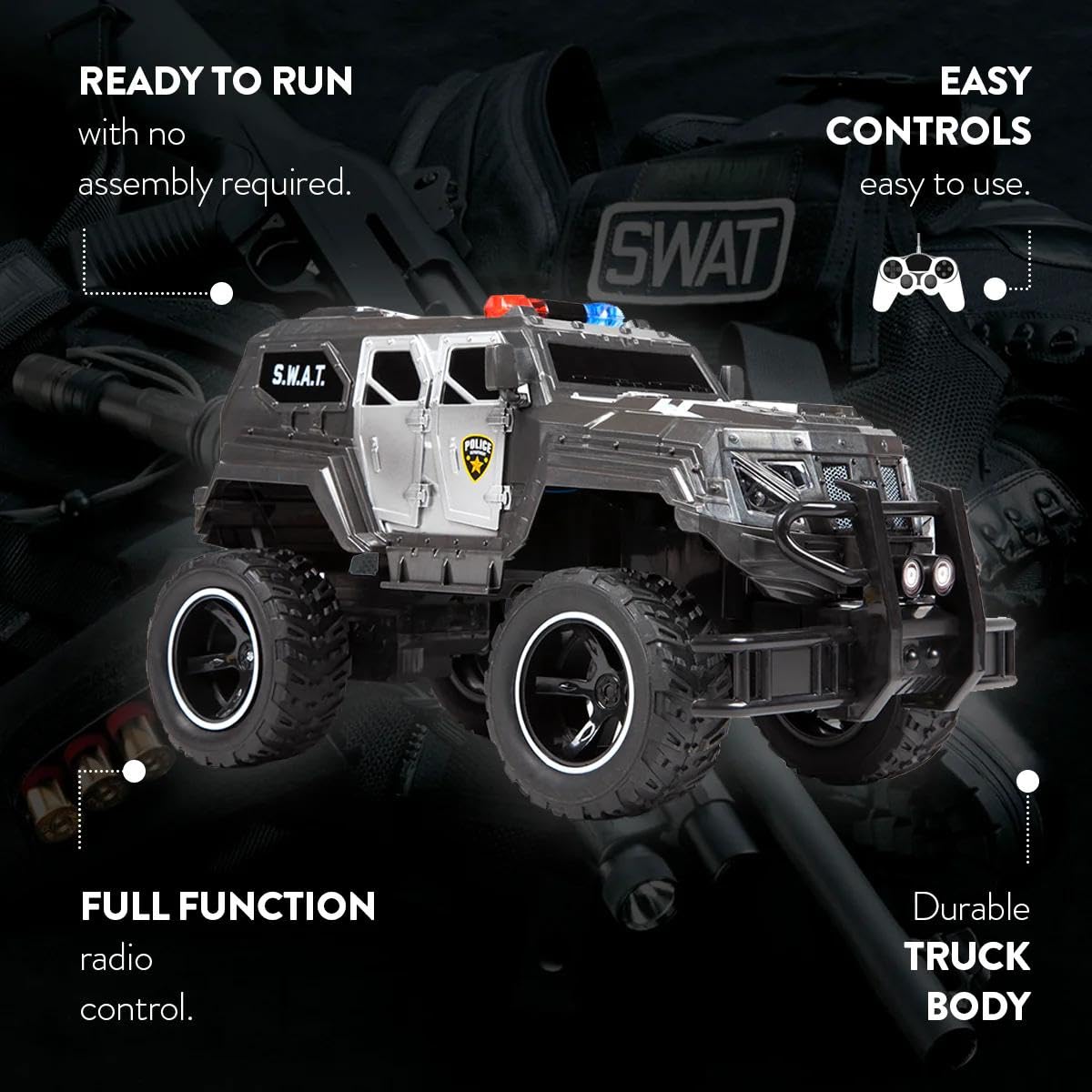 S.W.A.T. 1:14 RC Monster Truck, Police Lights, Sound FX, All-Terrain Tires